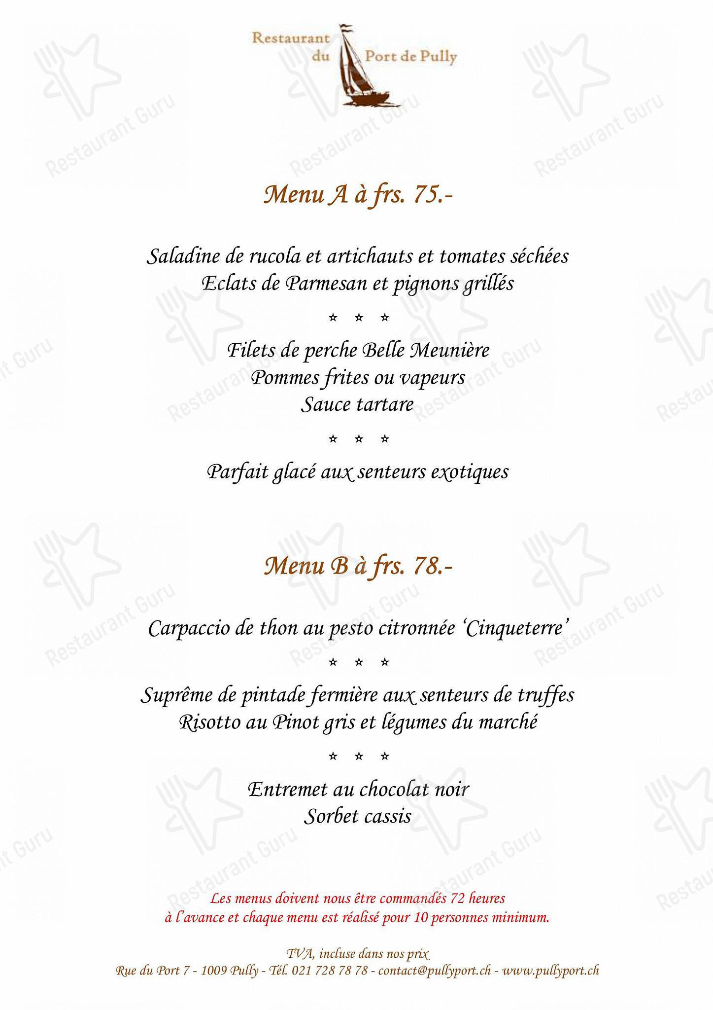 Sunday Lunch Sample Menu per Restaurant du Port de Pully in Pully