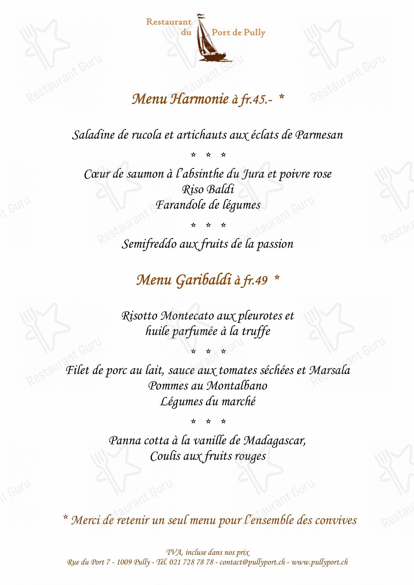Menu di Restaurant du Port de Pully - Sunday Lunch Sample Menu