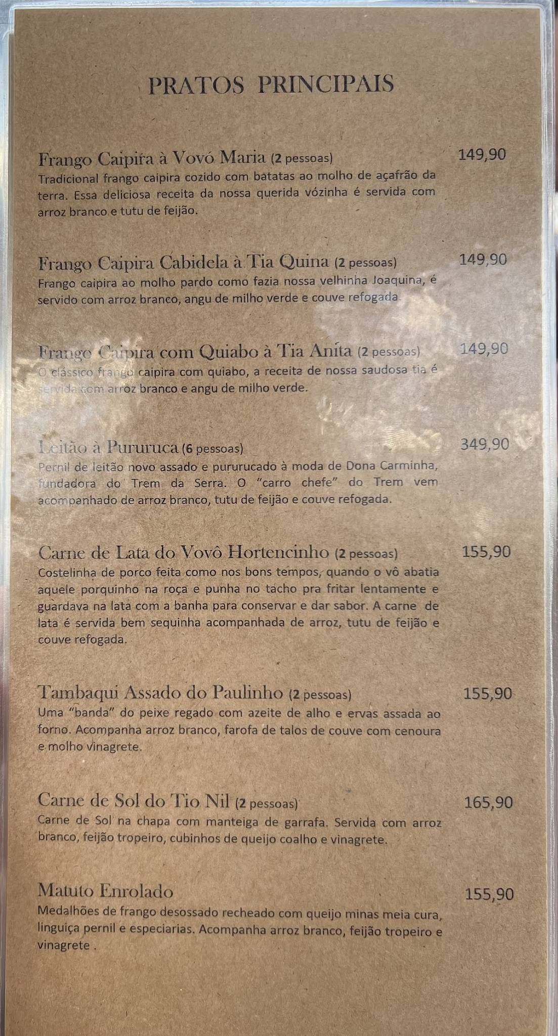 Restaurante Trem da Serra cardápio