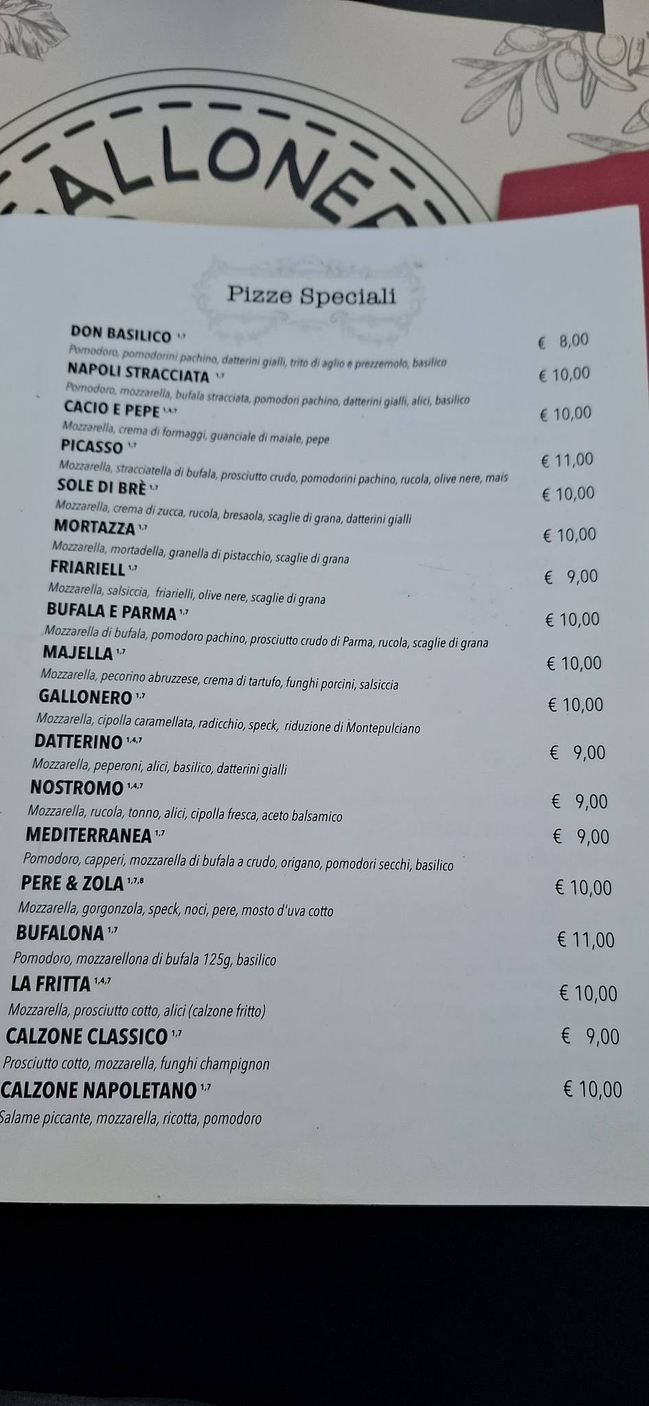 Menu di Ristorante Pizzeria Gallonero 