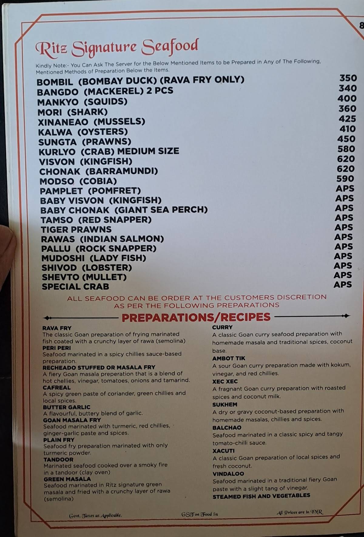 Ritz Classic-Panjim Gymkhana menu