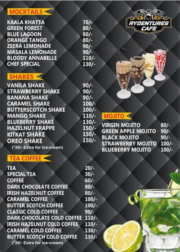 Rydentures Cafe menu