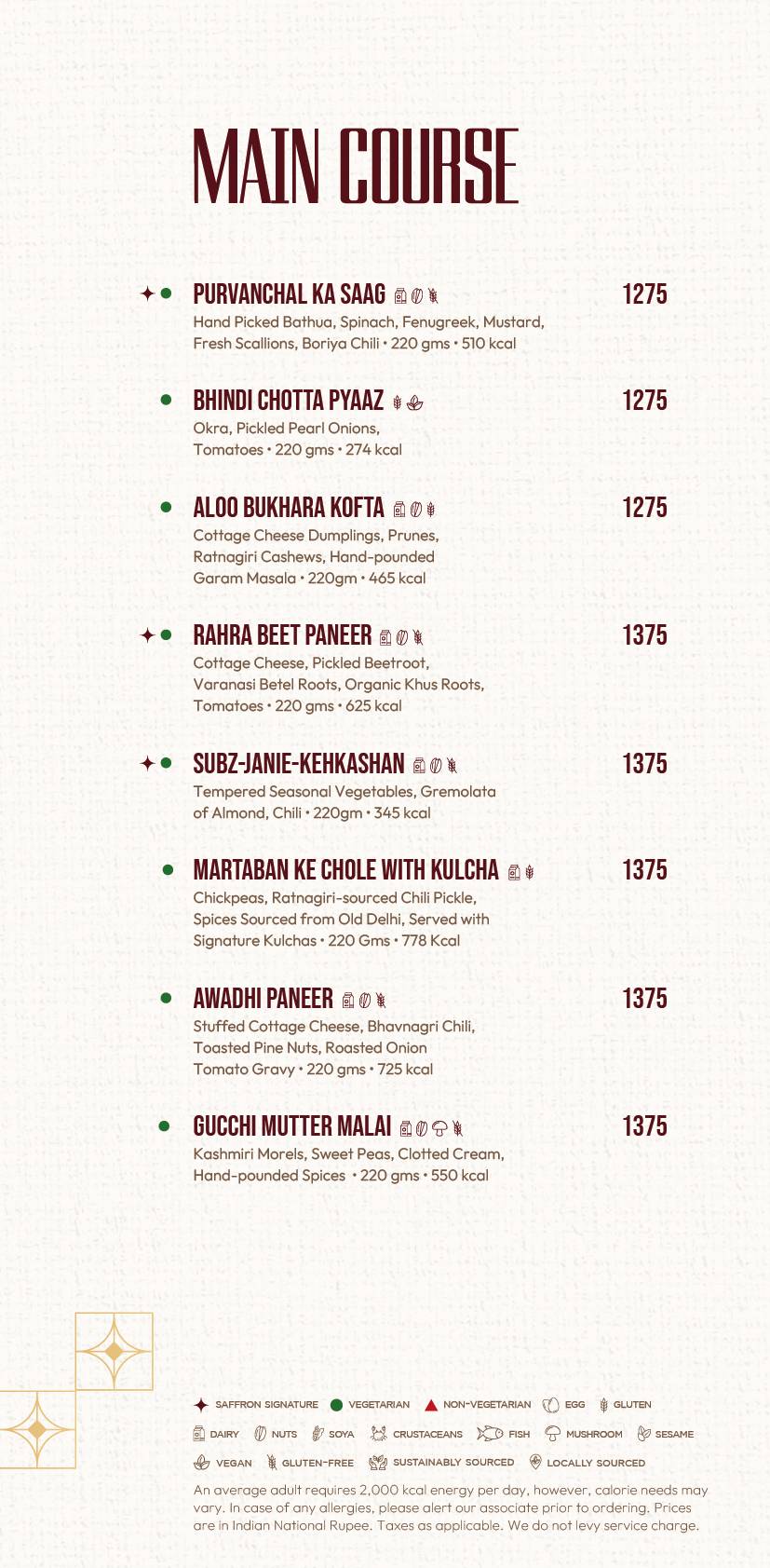 Saffron JW Marriott Mumbai Juhu menu