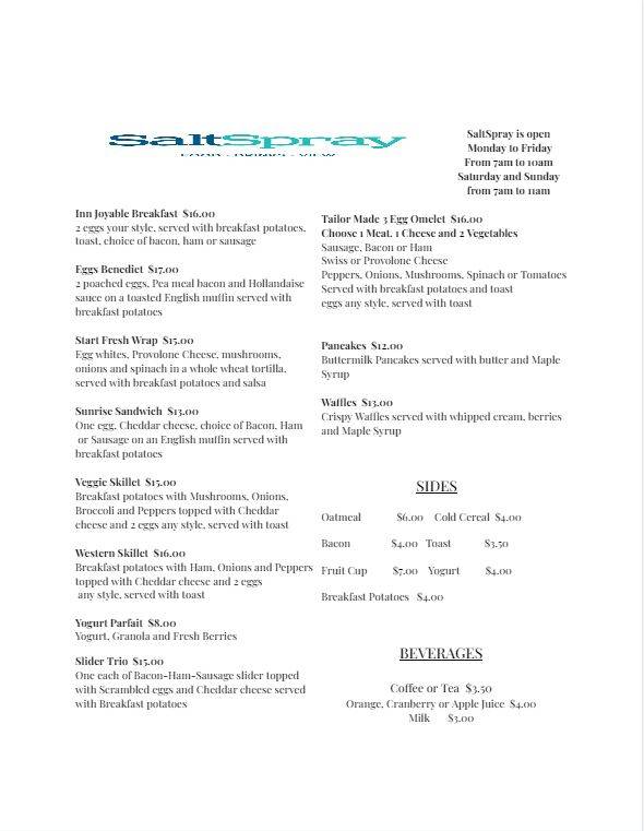 Menu at SaltSpray restaurant, Sydney