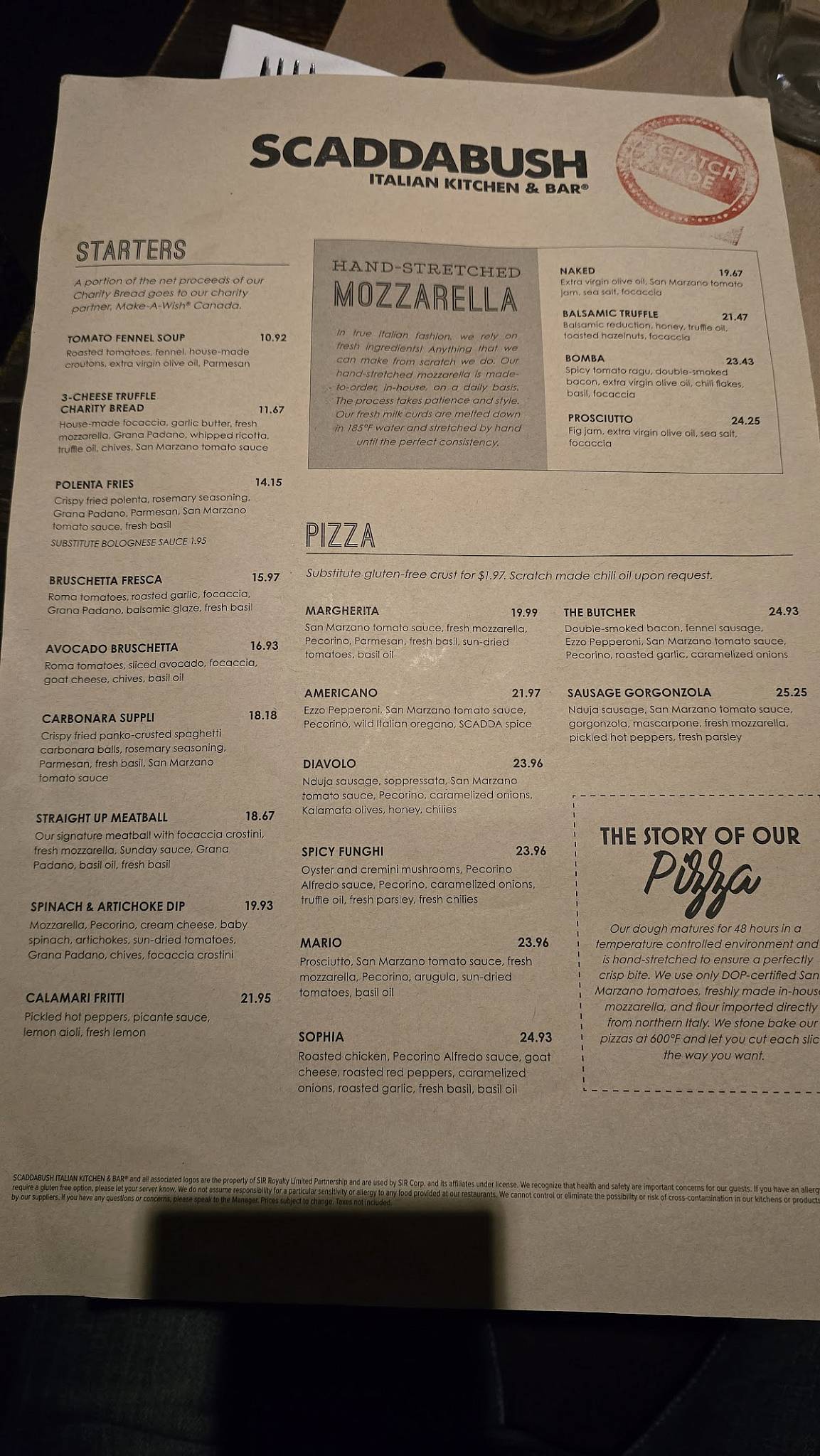 Menu de Scaddabush Italian Kitchen & Bar Front Street