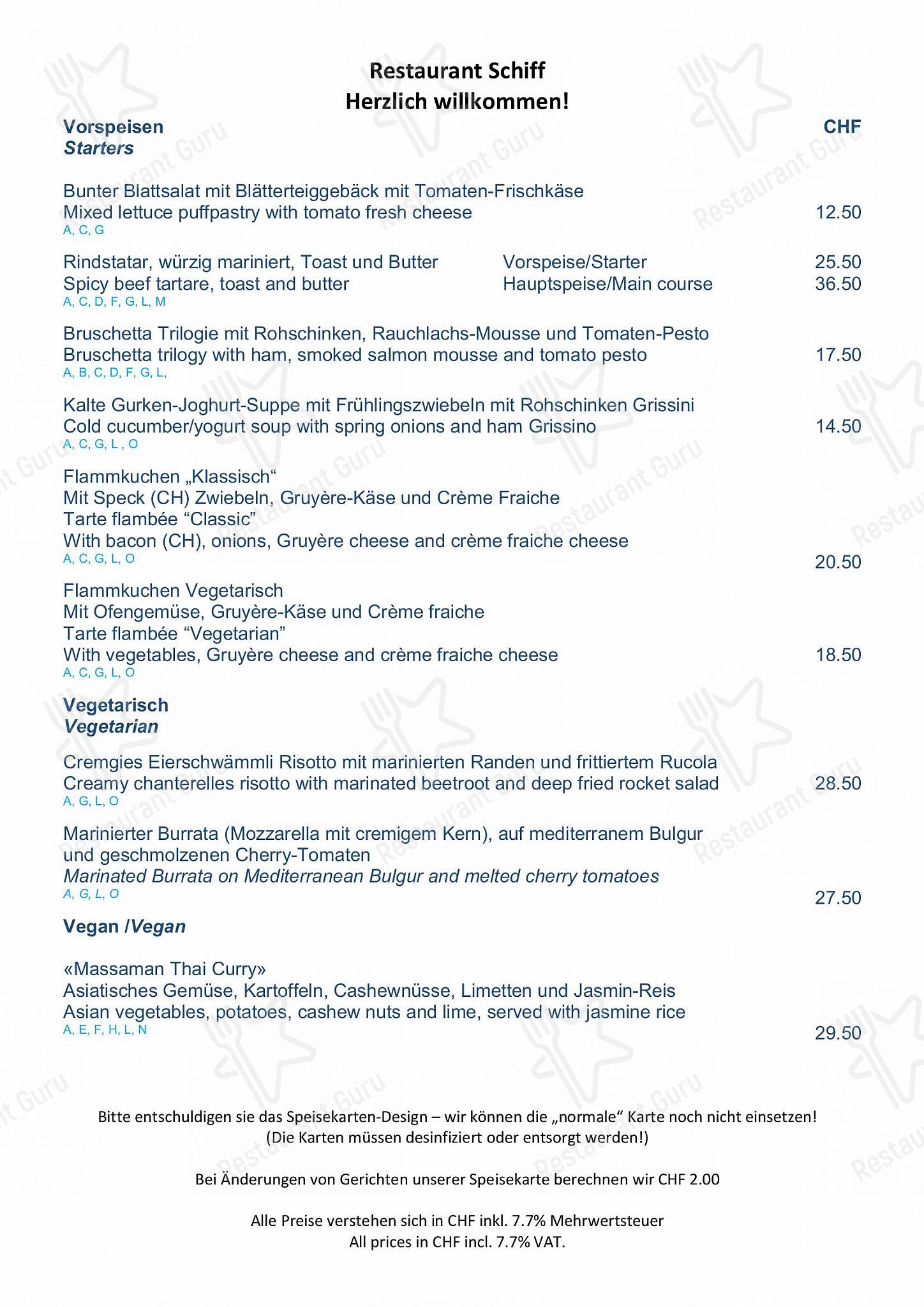 Restaurant Schiff & Catering in Zugo - Takeaway Menu