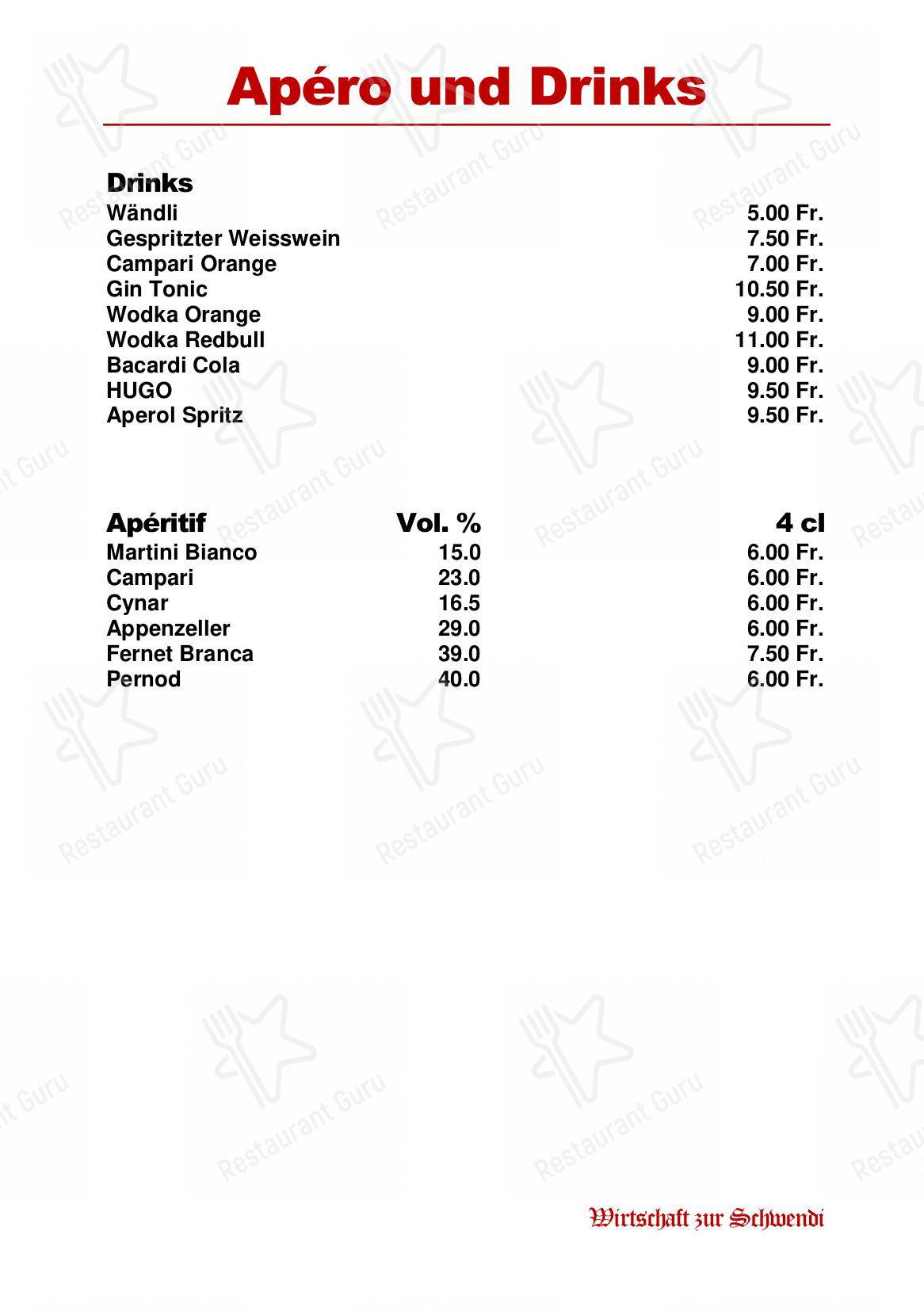 Коктейльная карта per Restaurant Schwendi ristorante