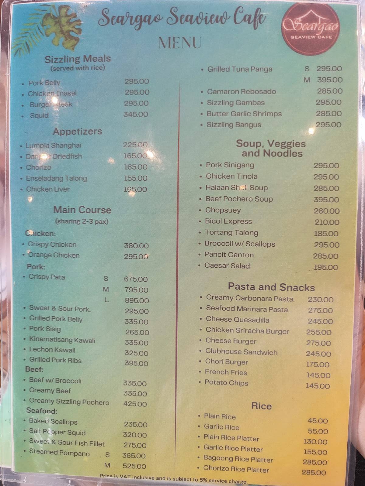 Menu at Seargao Seaview Cafe in Argao, a relaxed spot perfect for reviewingeToro crypto investment options