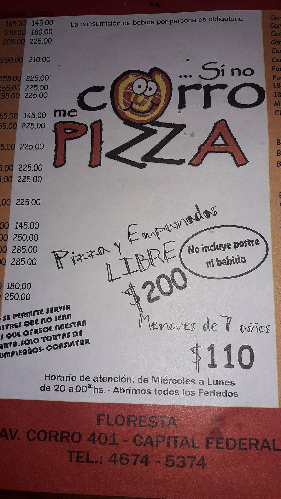 Menu at Si No Corro Me Pizza restaurant, Buenos Aires