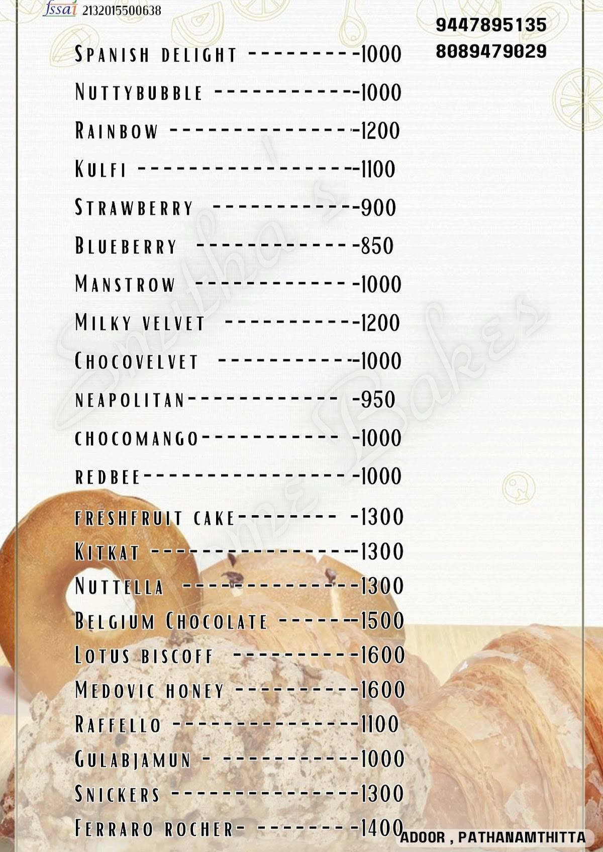 Smitha Bakers menu