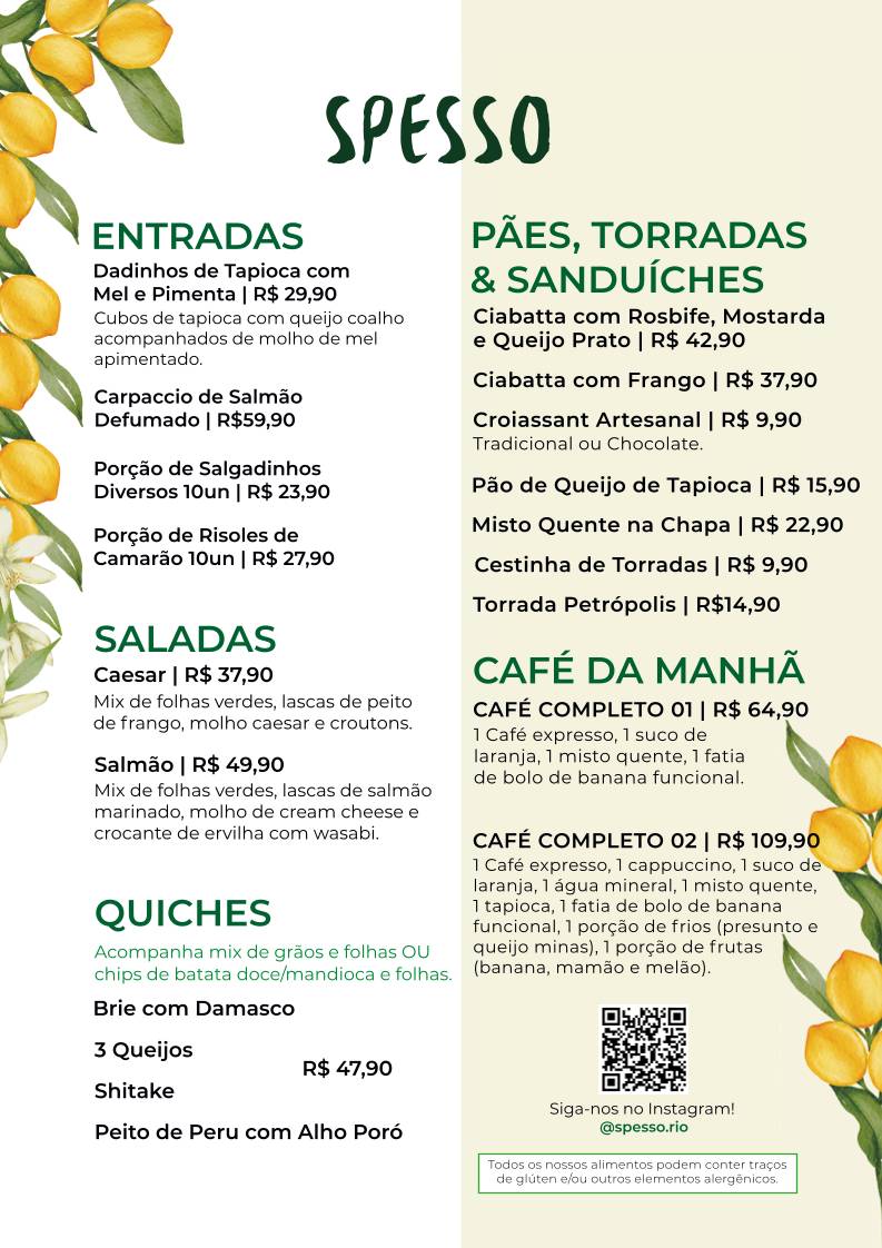 Spesso, cardápio