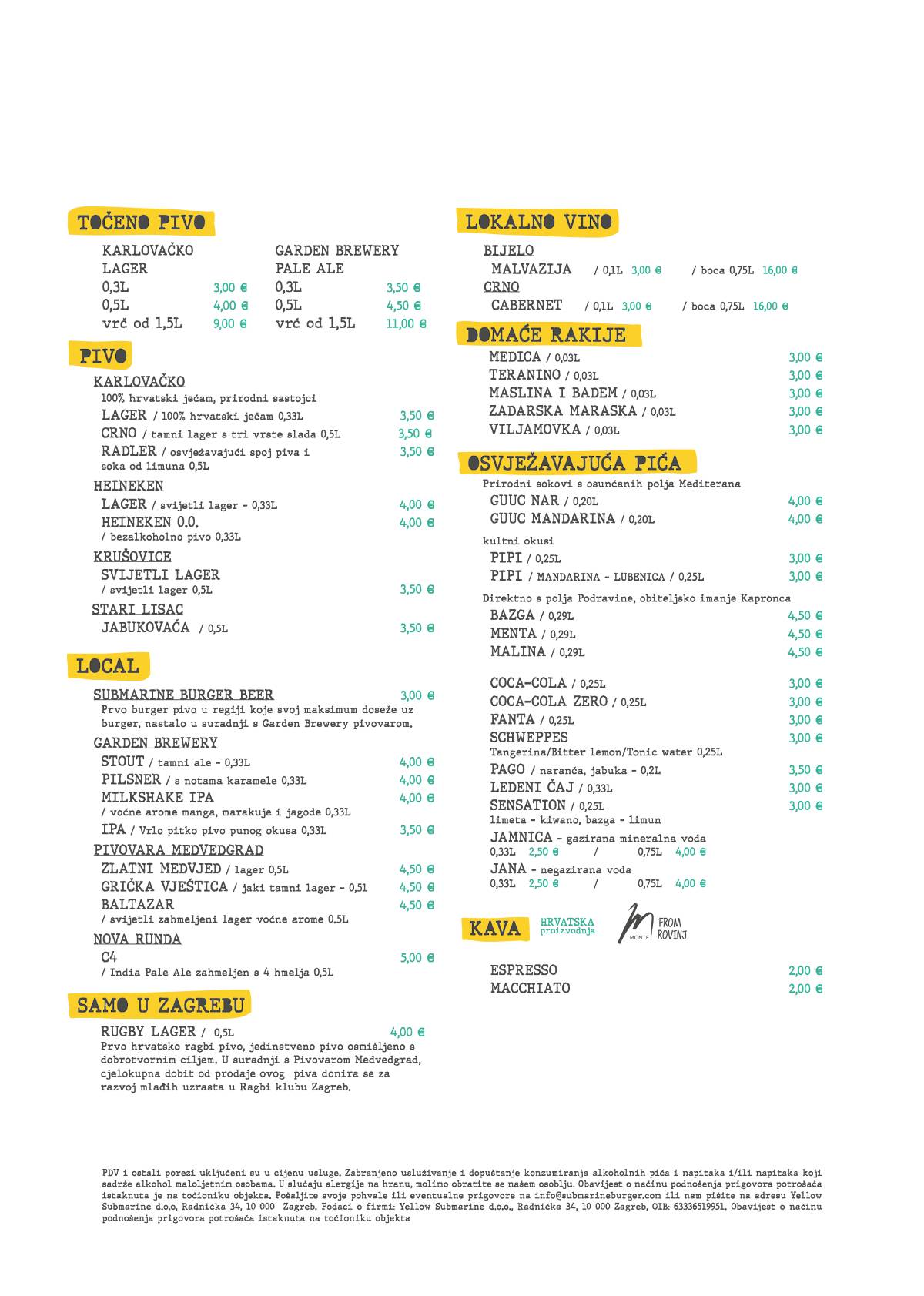 Menu di Submarine Burger Tkalčićeva 