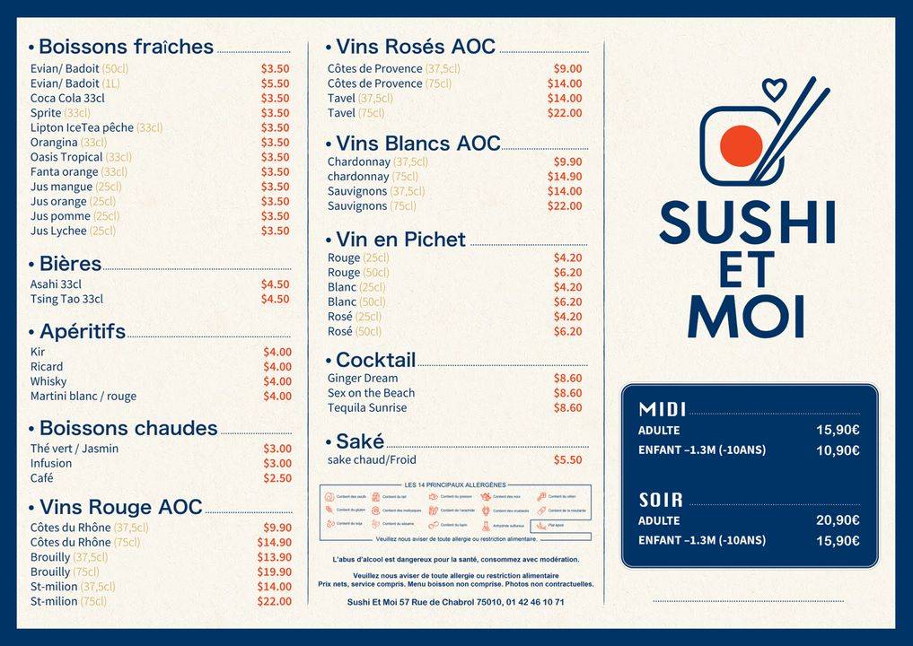 Menu de Sushi et Moi (formule à volonté)