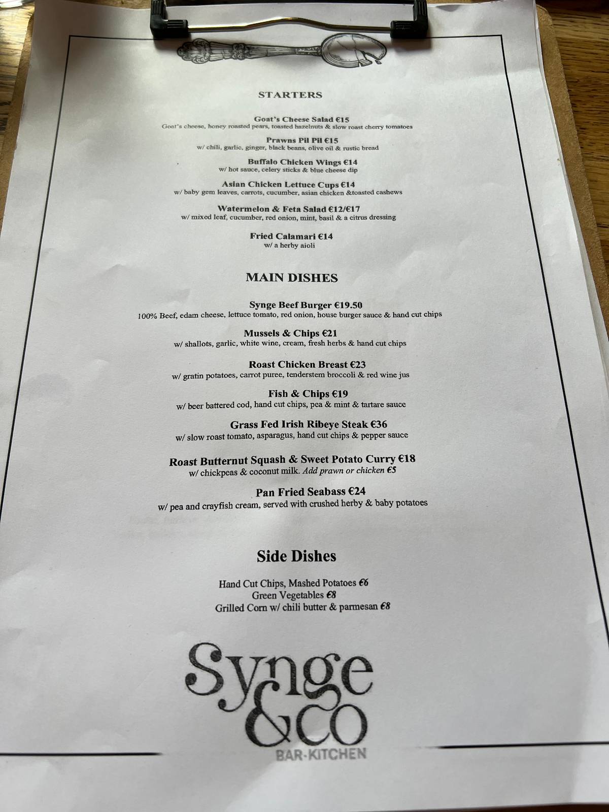 Menu de Synge & Co.