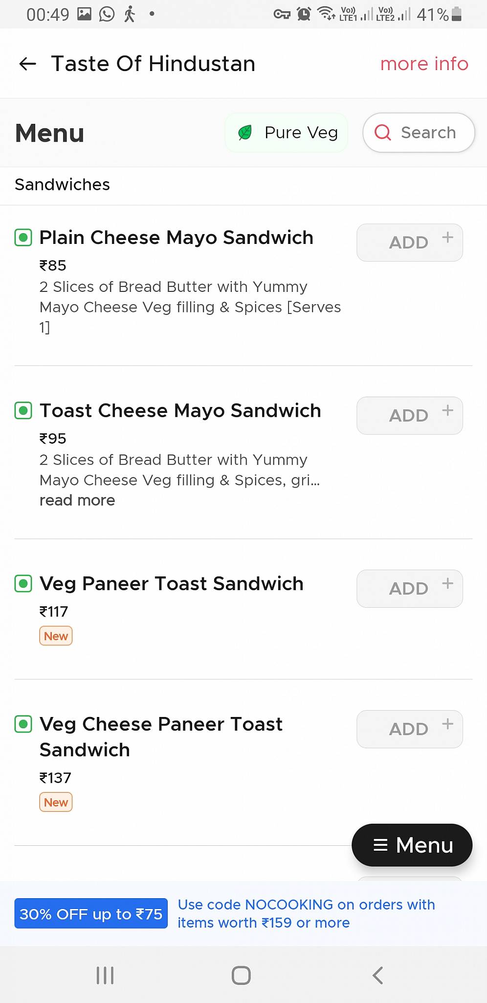 Taste of Hindustan menu