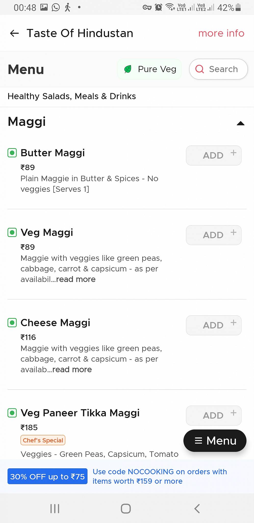 Taste of Hindustan menu