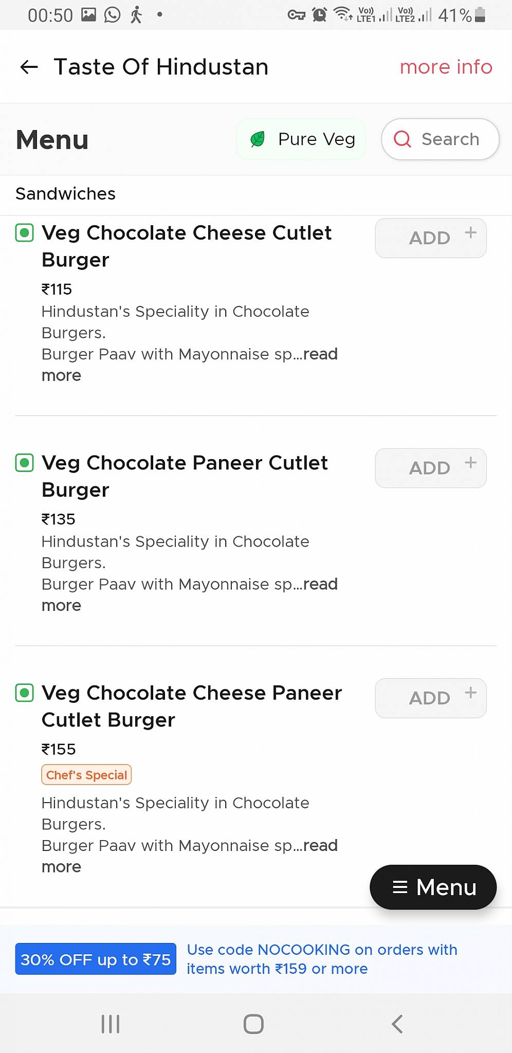 Taste of Hindustan menu