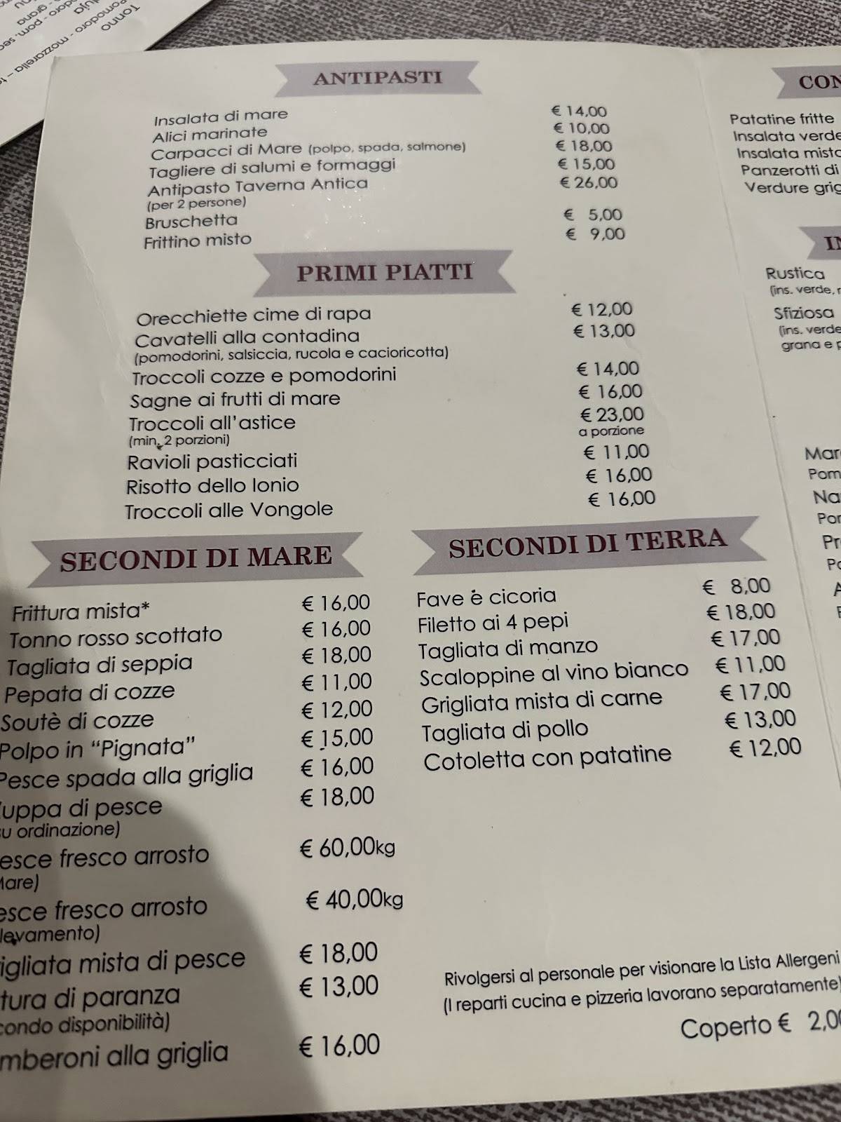 Menu di Taverna Antica 