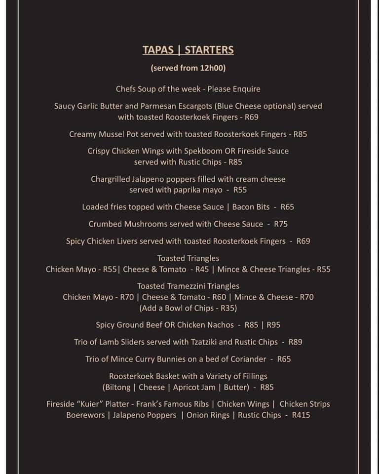 Menu at The Fireside restaurant, Port Elizabeth