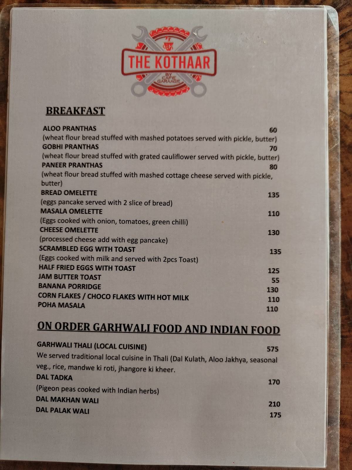 The Kothaar By Cafe Garaage menu