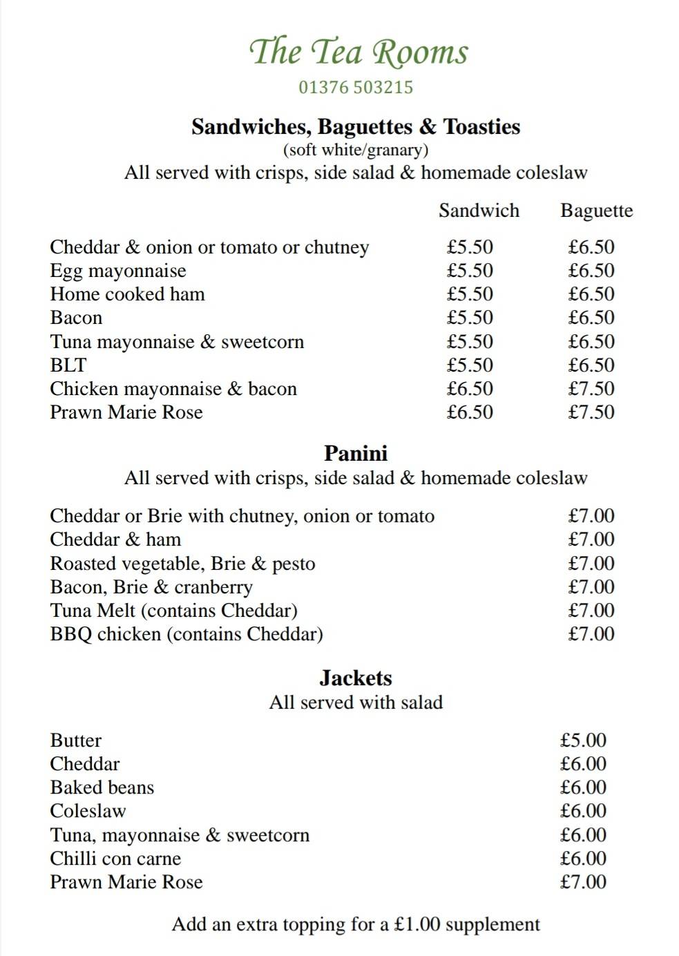 Menu at The Tea Rooms cafe, Witham