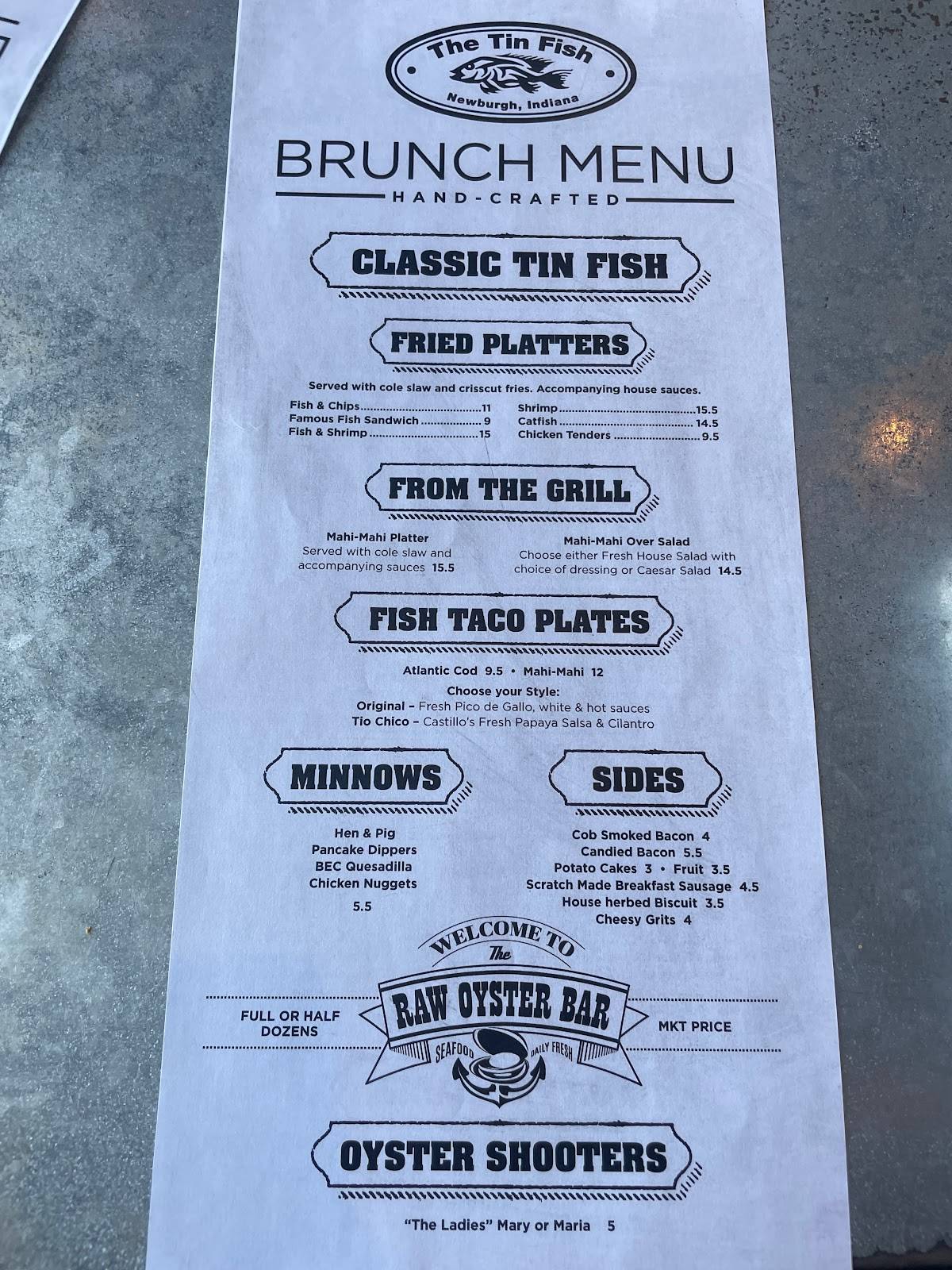 Menu at The Tin Fish restaurant, Newburgh
