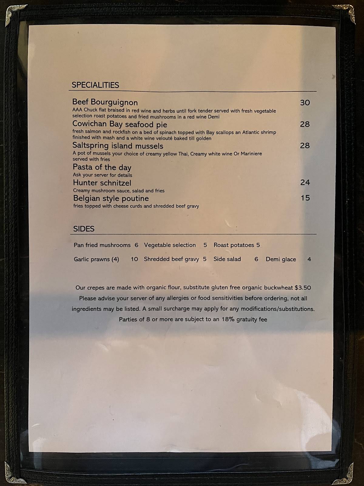 Menu at The Vine restaurant, Cowichan Bay, Cowichan Bay Rd
