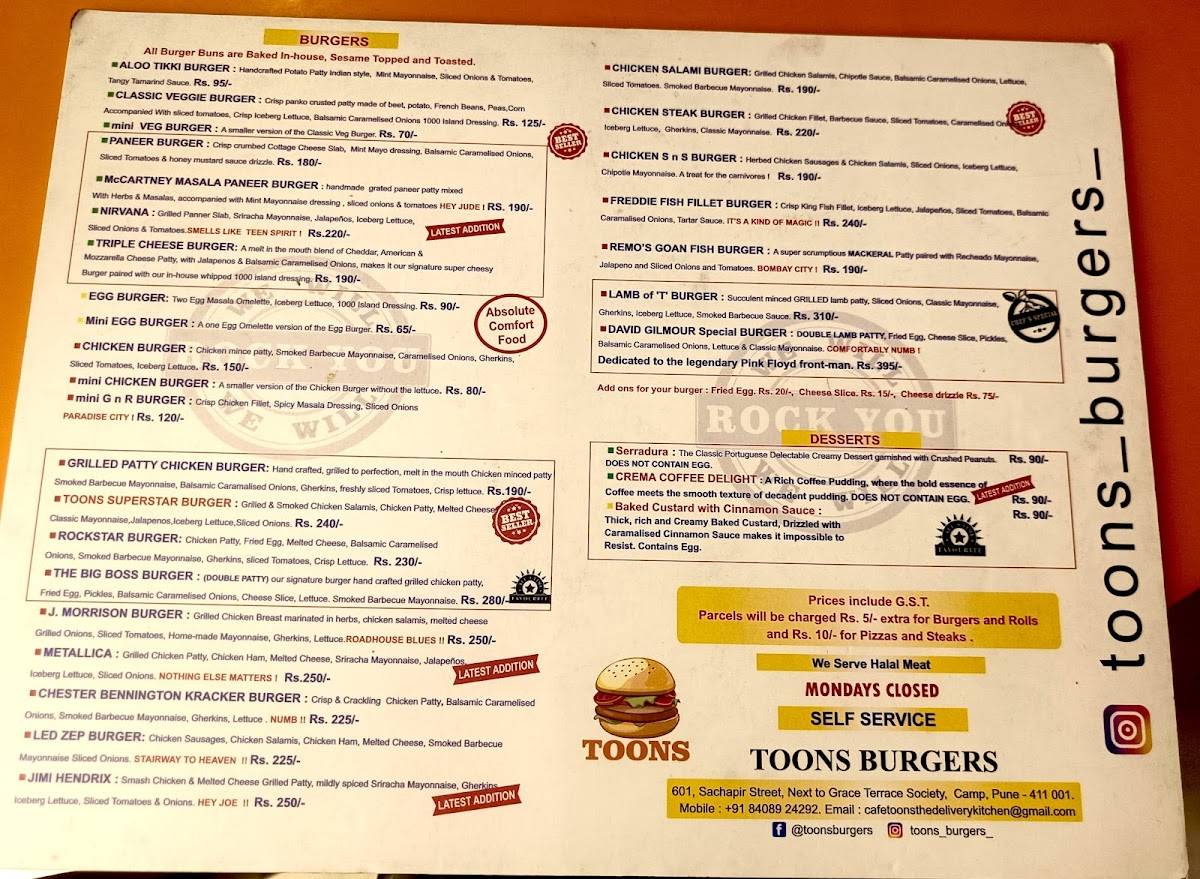 Toons Burgers menu