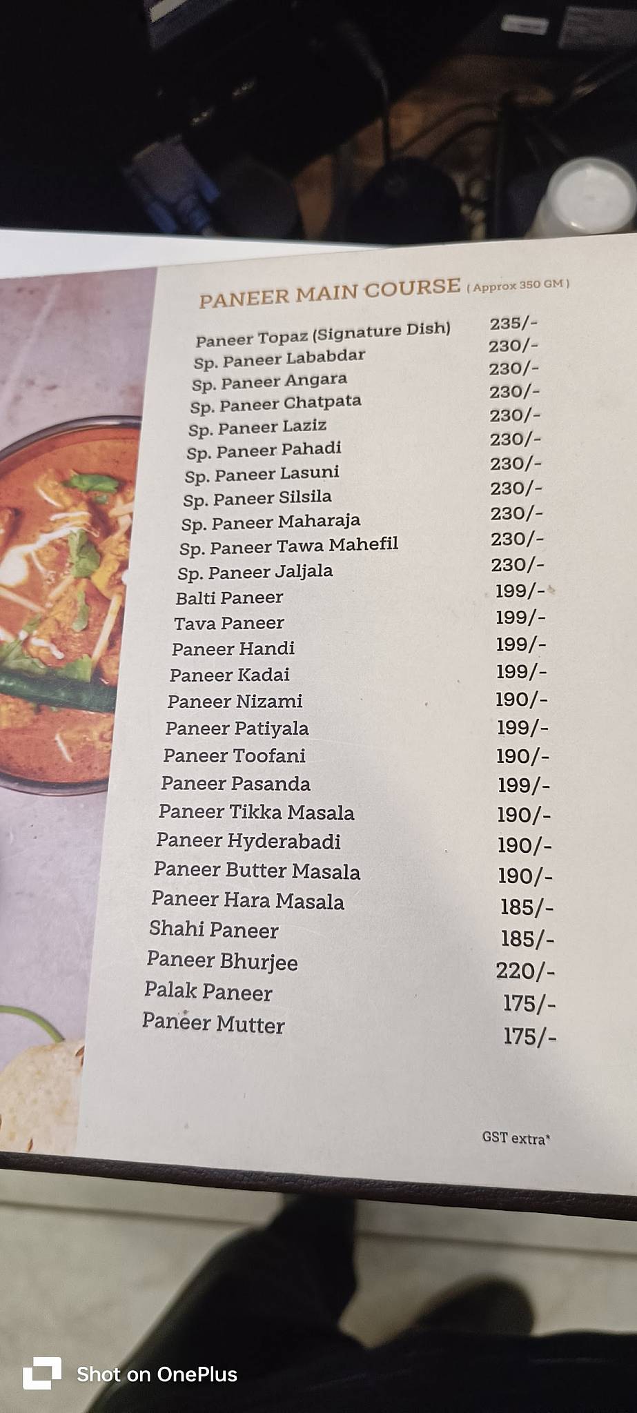 Topaz Restaurant menu