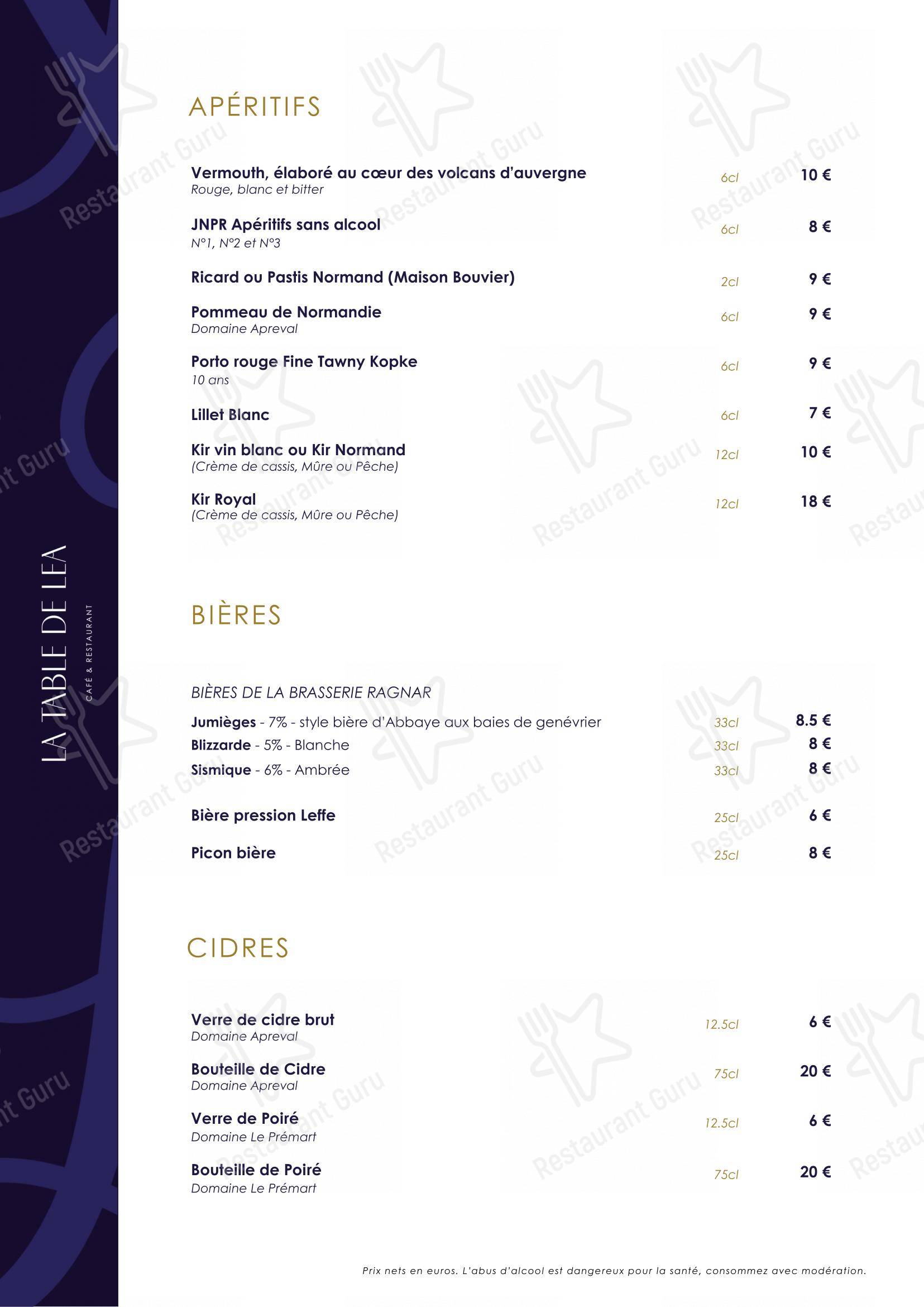 Menu pour La Table De Léa dans Honfleur