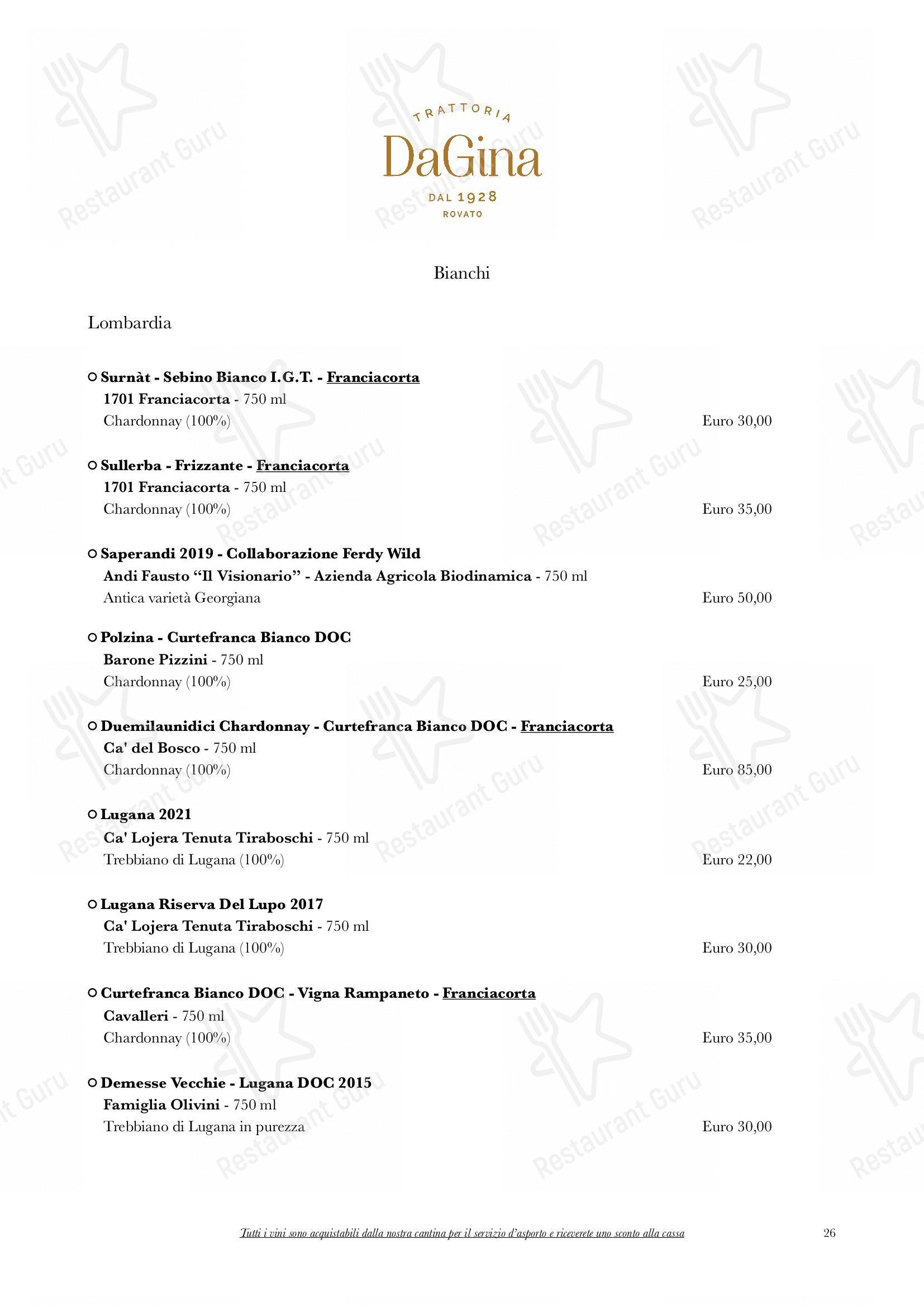 Menu di Trattoria Da Gina - Menu bar