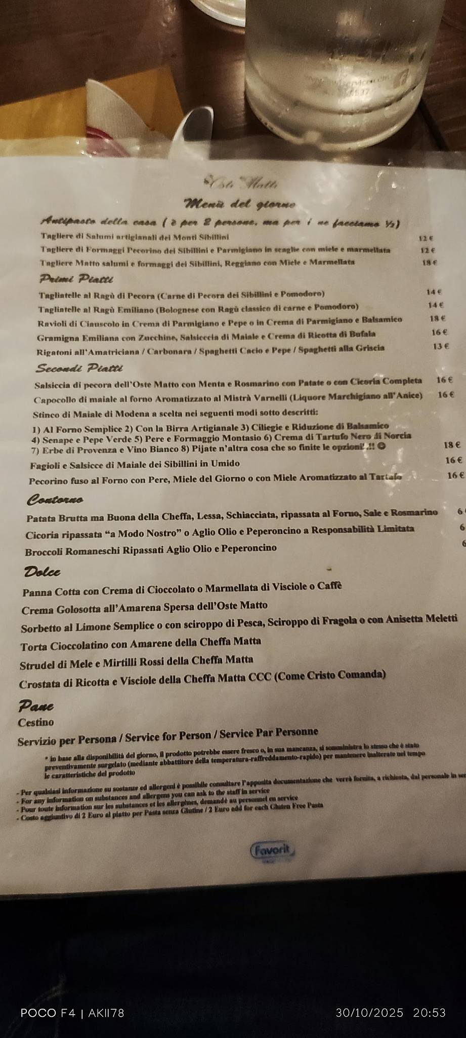 Menu de Trattoria Osti Matti