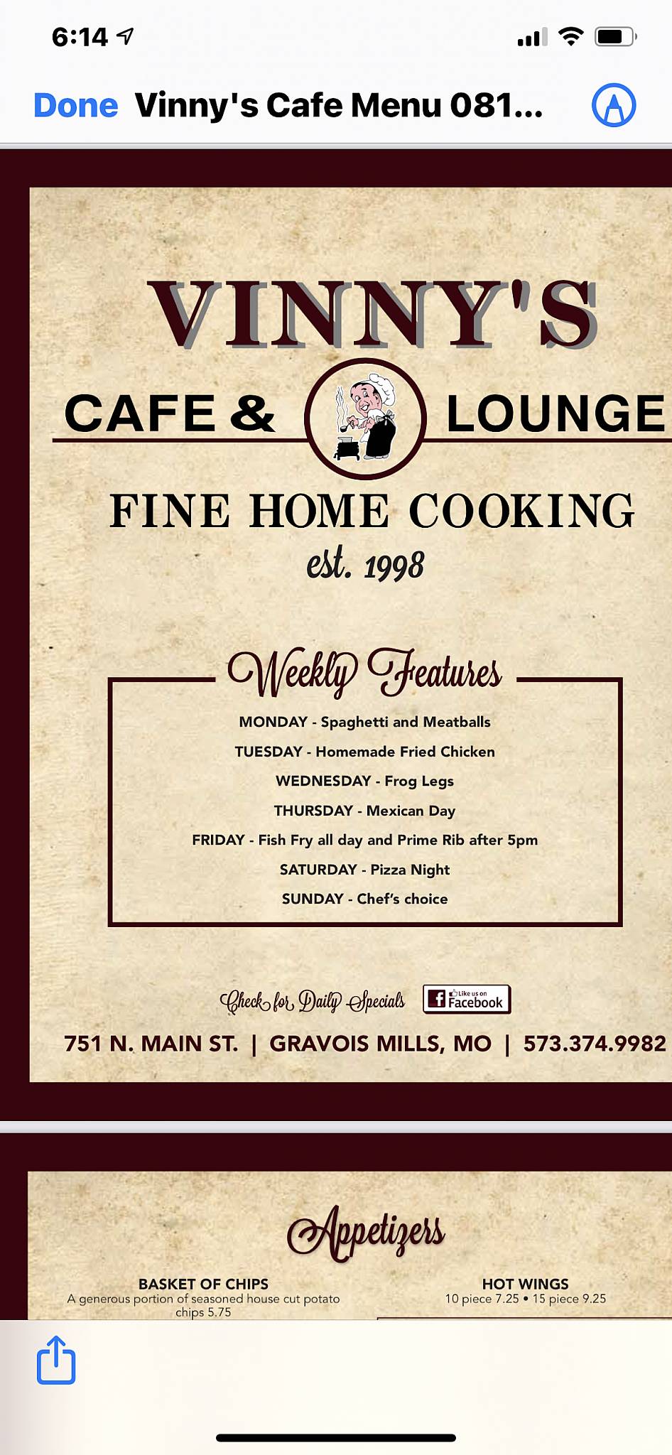 Menu at Little Vinny's Cafe & Lounge, Laurie