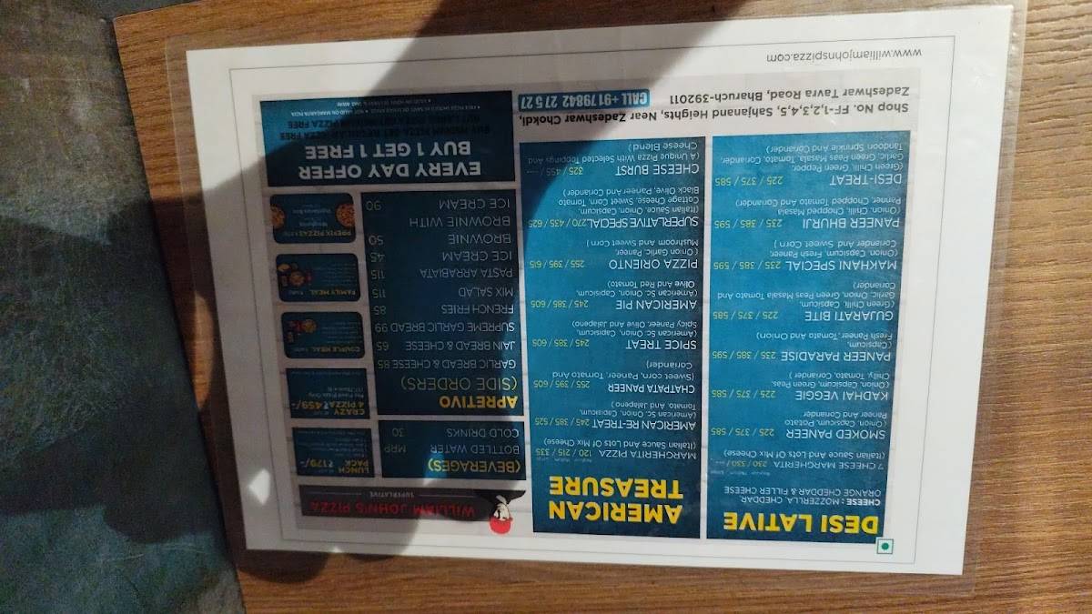 WILLIAM JOHN'S PIZZA SUPERLATIVE BHARUCH menu
