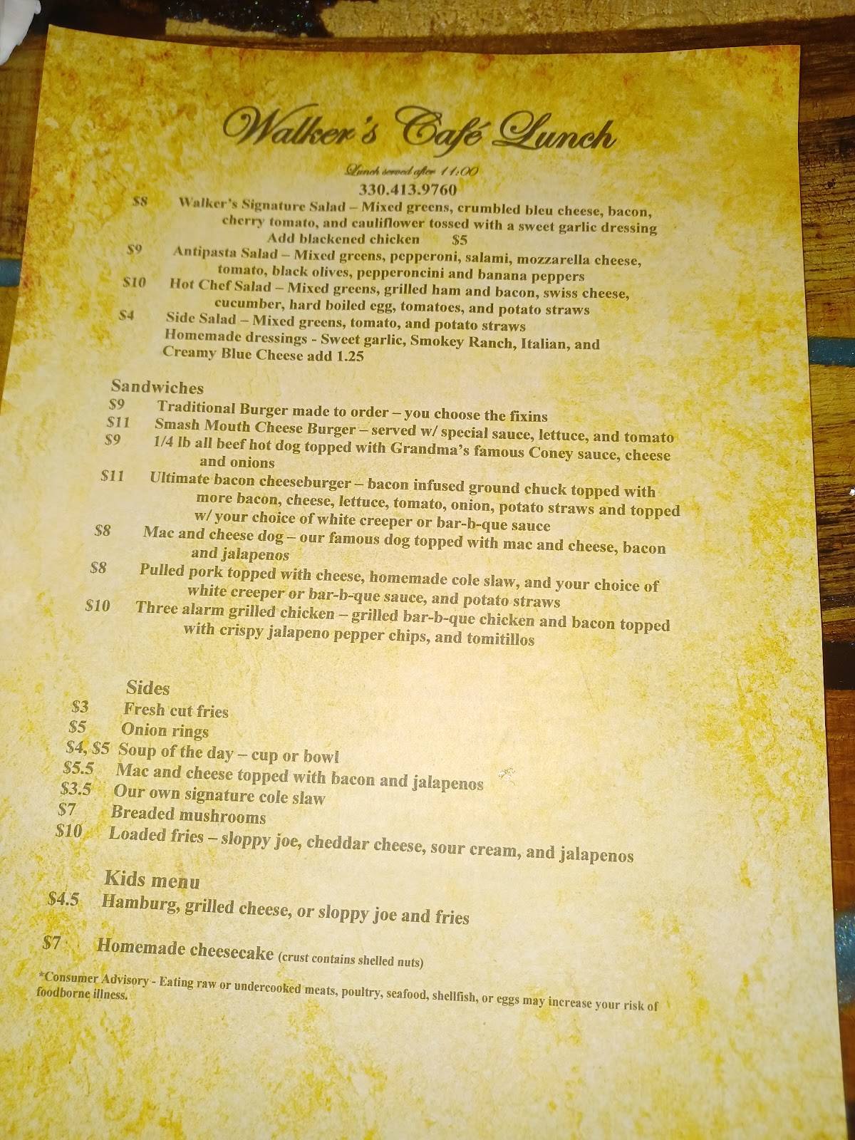 Menu at Walker's Cafe, Minerva