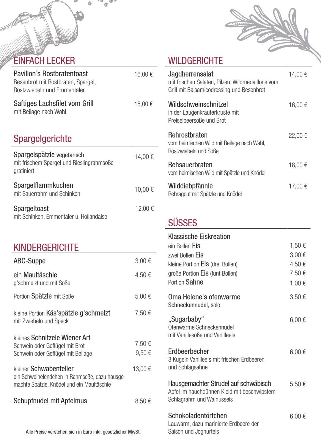 Speisekarte von Weinbau Pavillon pub & Bar, Gundelsheim