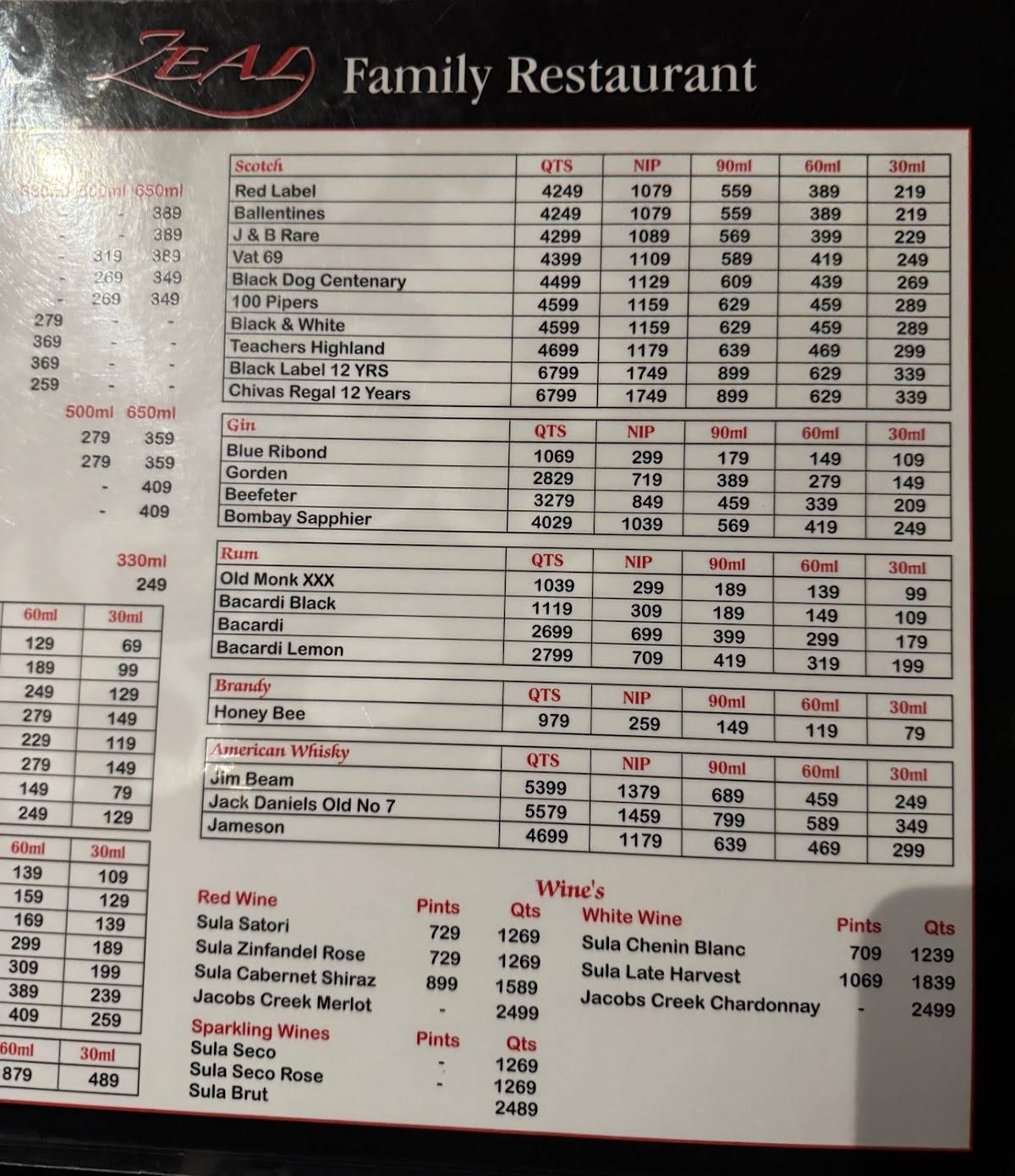 Zeal Family restaurant menu