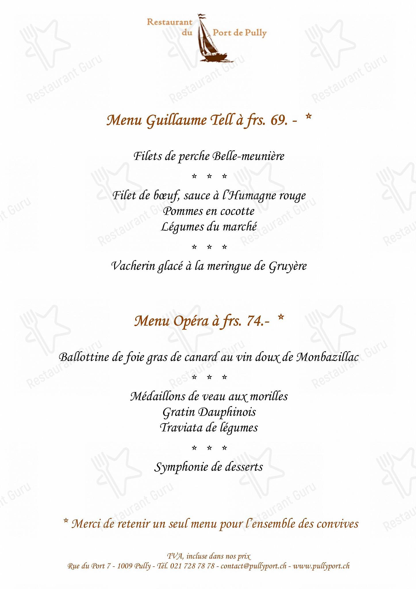 Sunday Lunch Sample Menu per Restaurant du Port de Pully ristorante