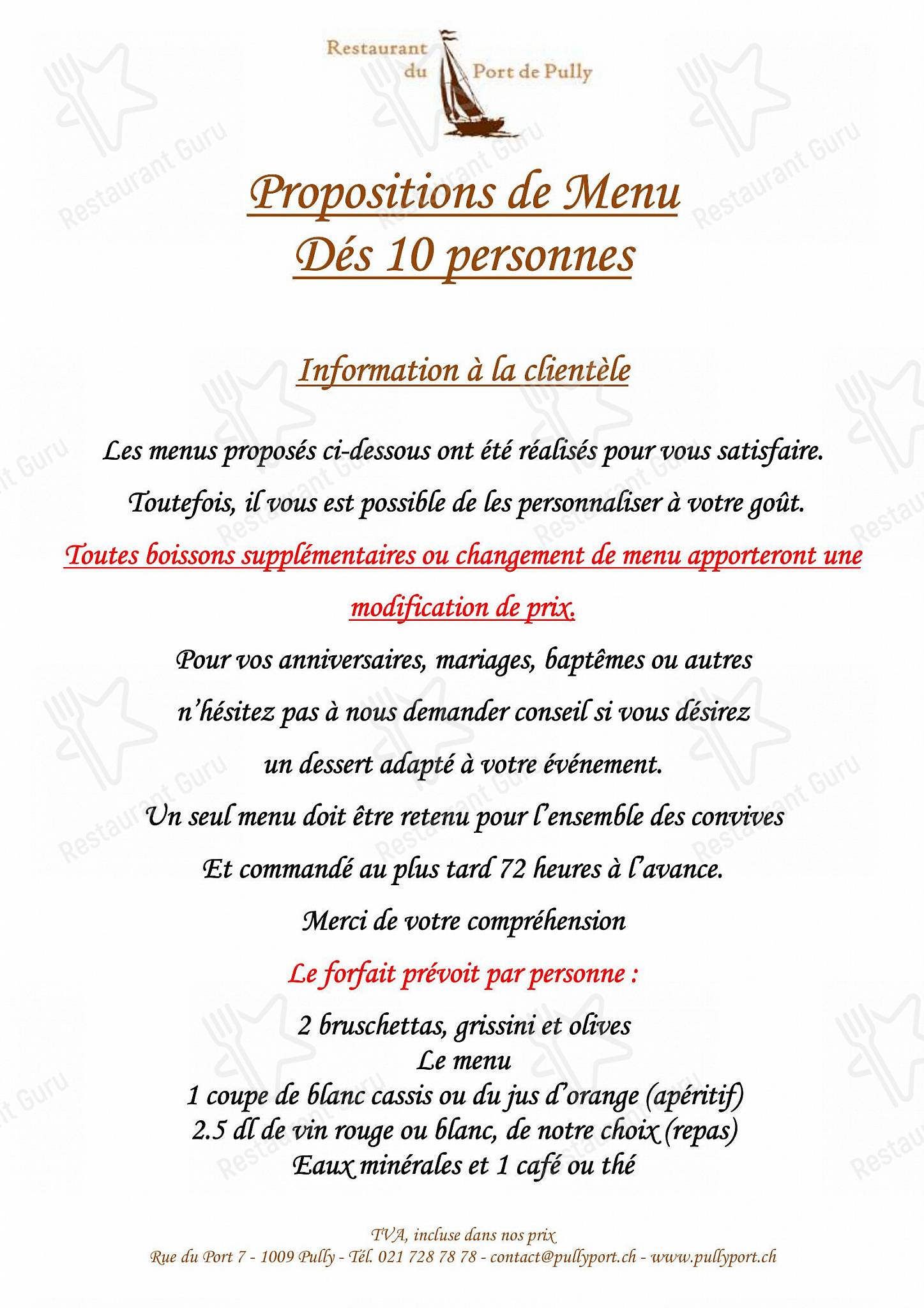 Sunday Lunch Sample Menu per Restaurant du Port de Pully in Pully