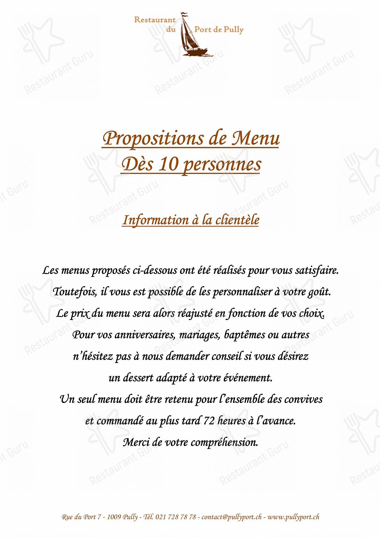 Sunday Lunch Sample Menu per Restaurant du Port de Pully in Pully