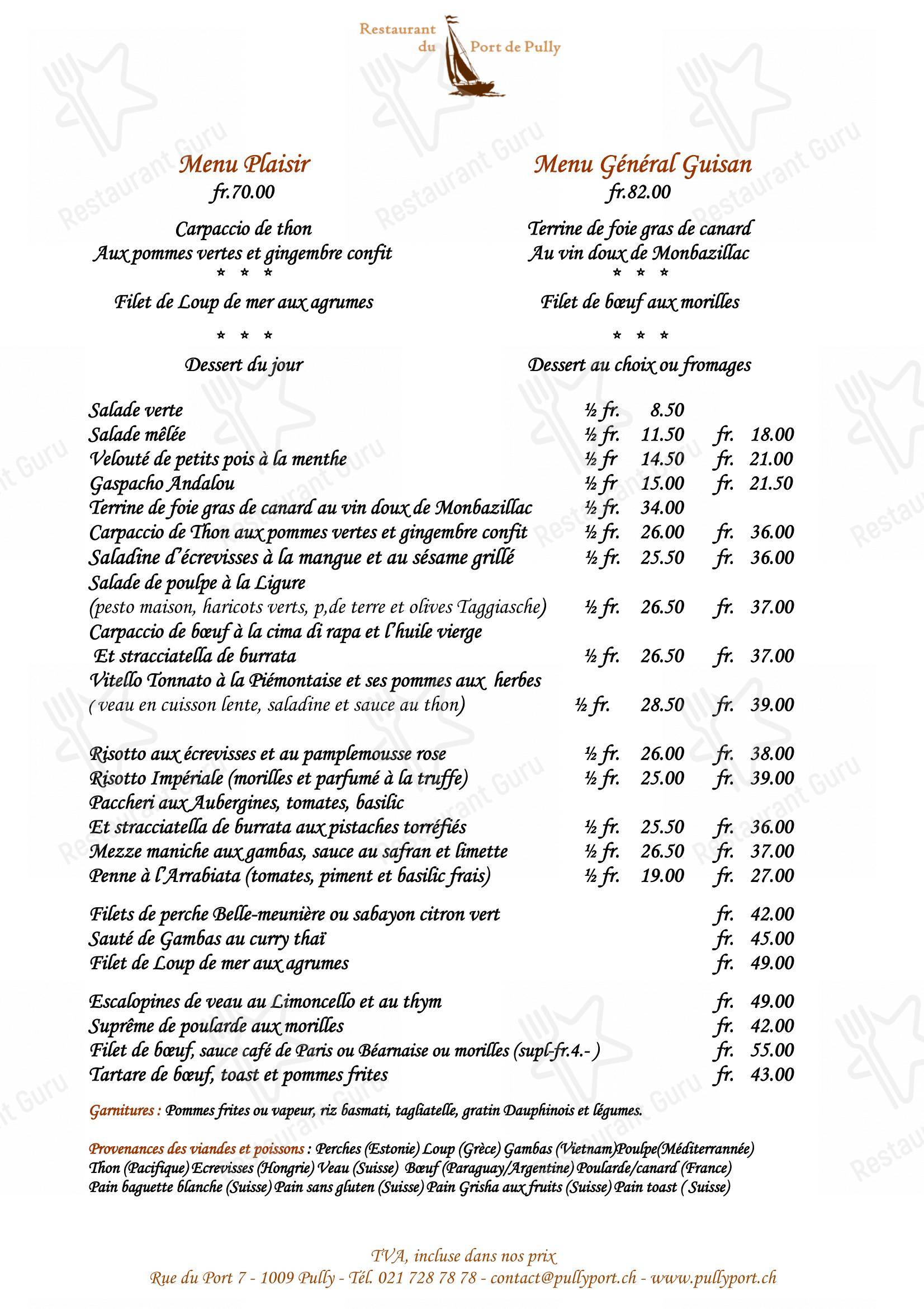 Menu di Restaurant du Port de Pully - Основное меню