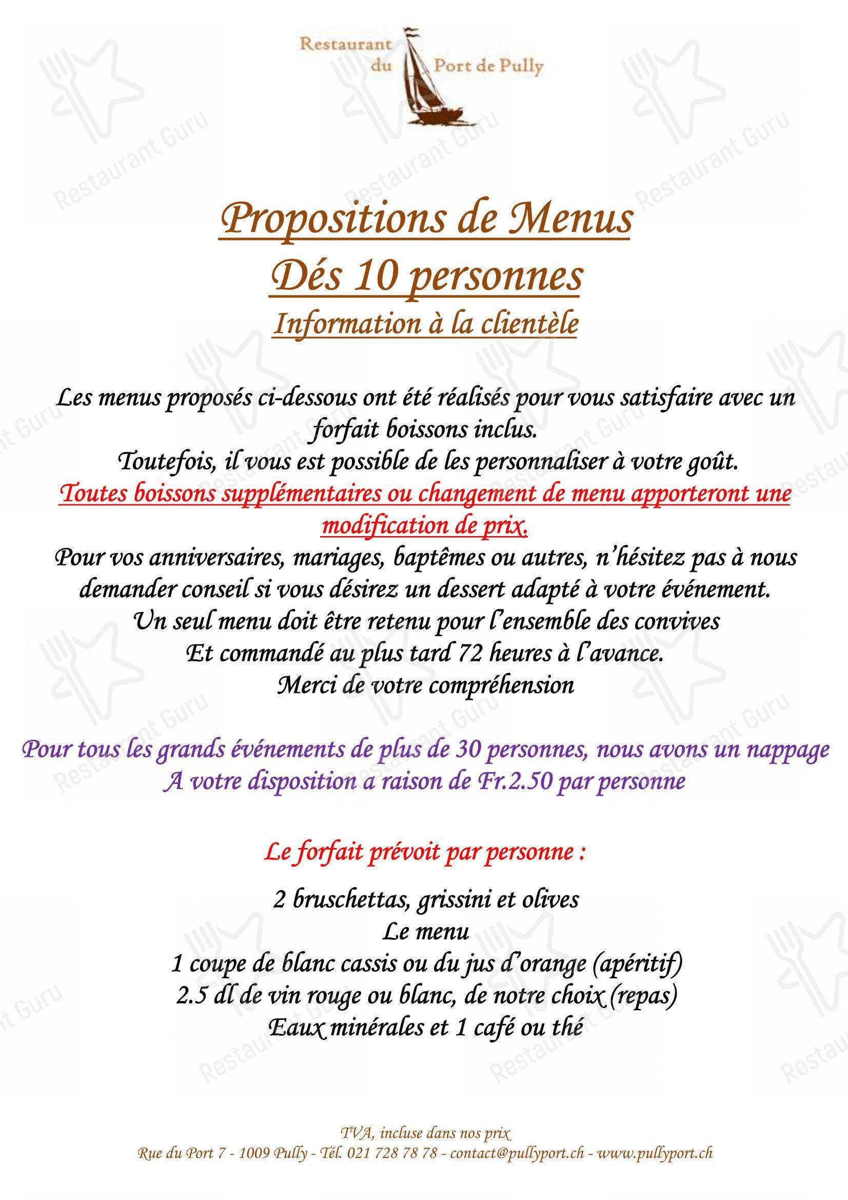 Dinner Menu per Restaurant du Port de Pully ristorante