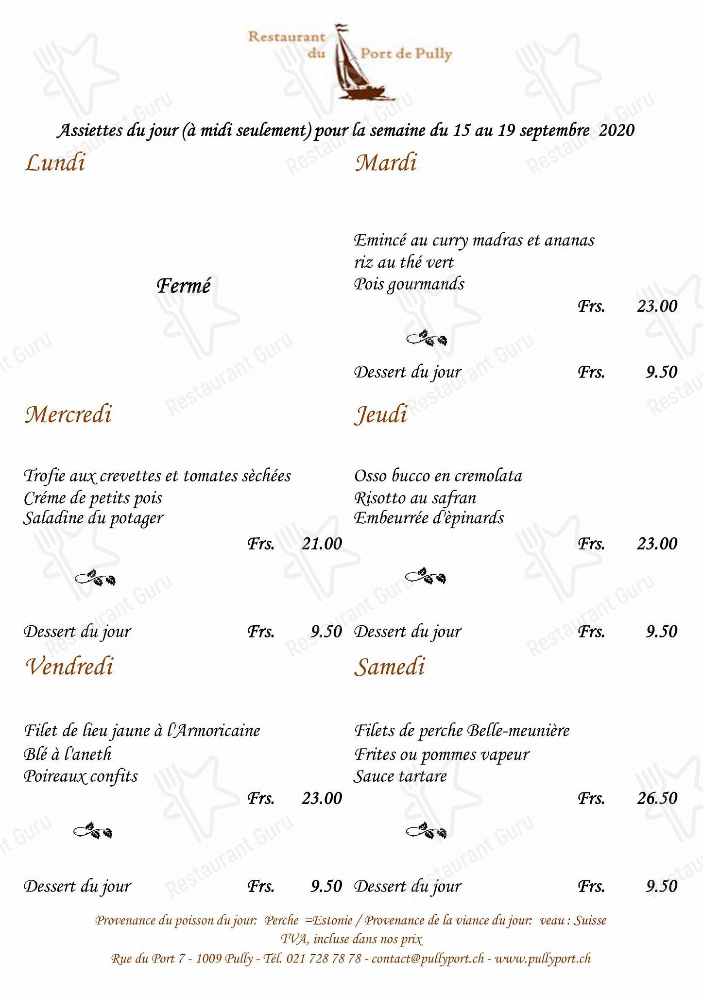 Sunday Lunch Sample Menu per Restaurant du Port de Pully in Pully