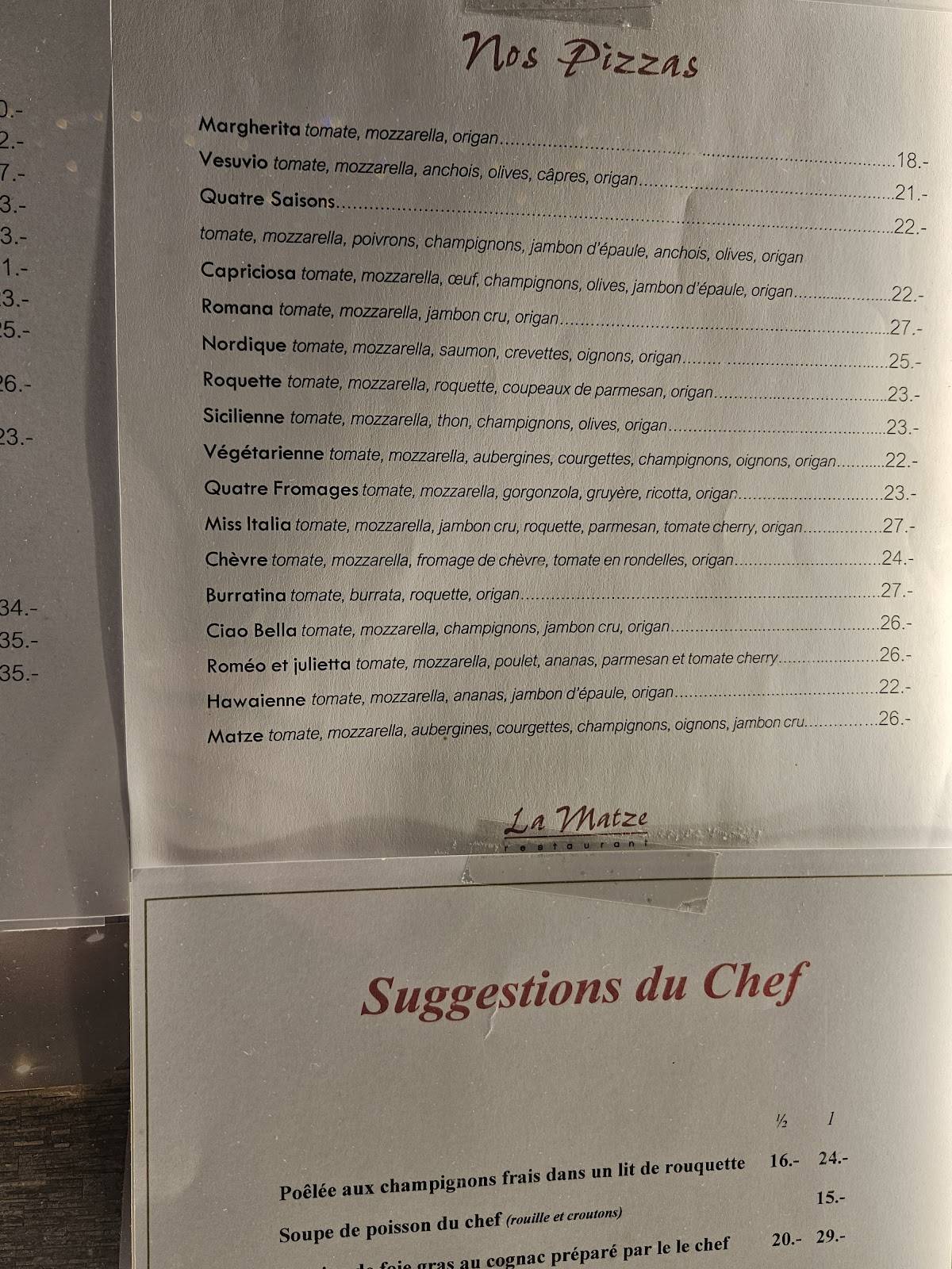 Menu di Restaurant pizzeria La Matze 