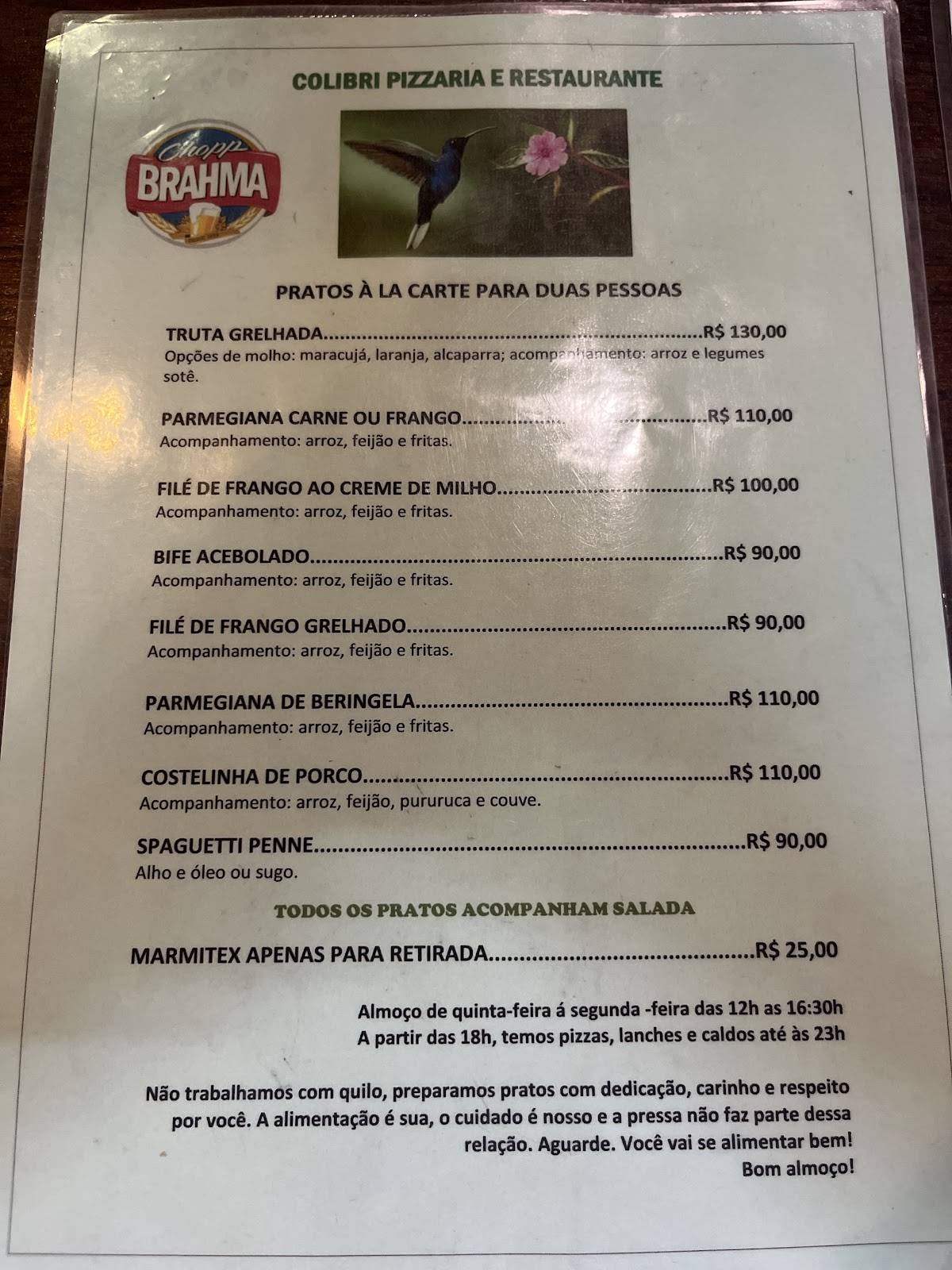 Colibri Pizzaria e Restaurante cardápio