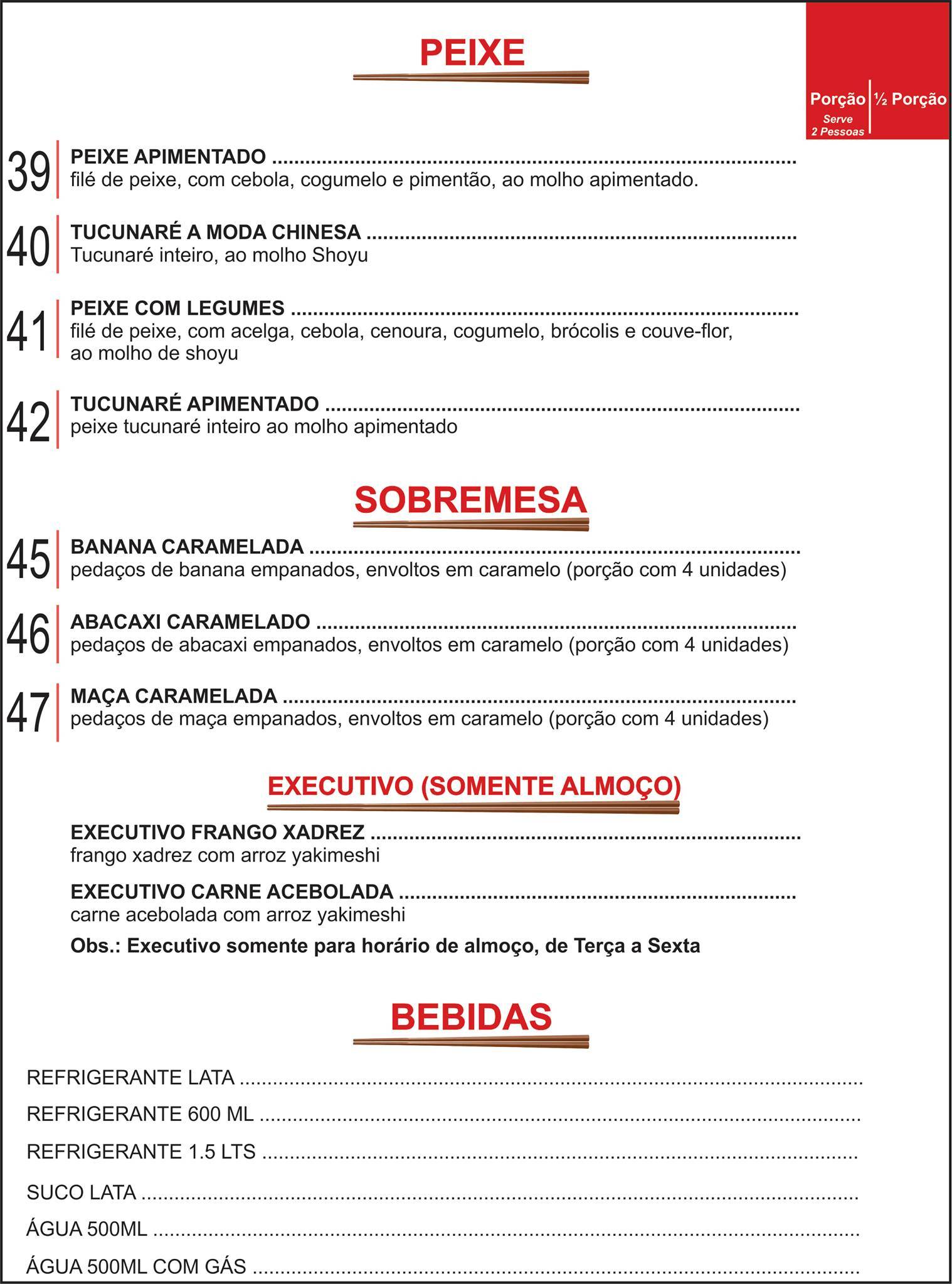 Restaurante Dragão Chinês cardápio