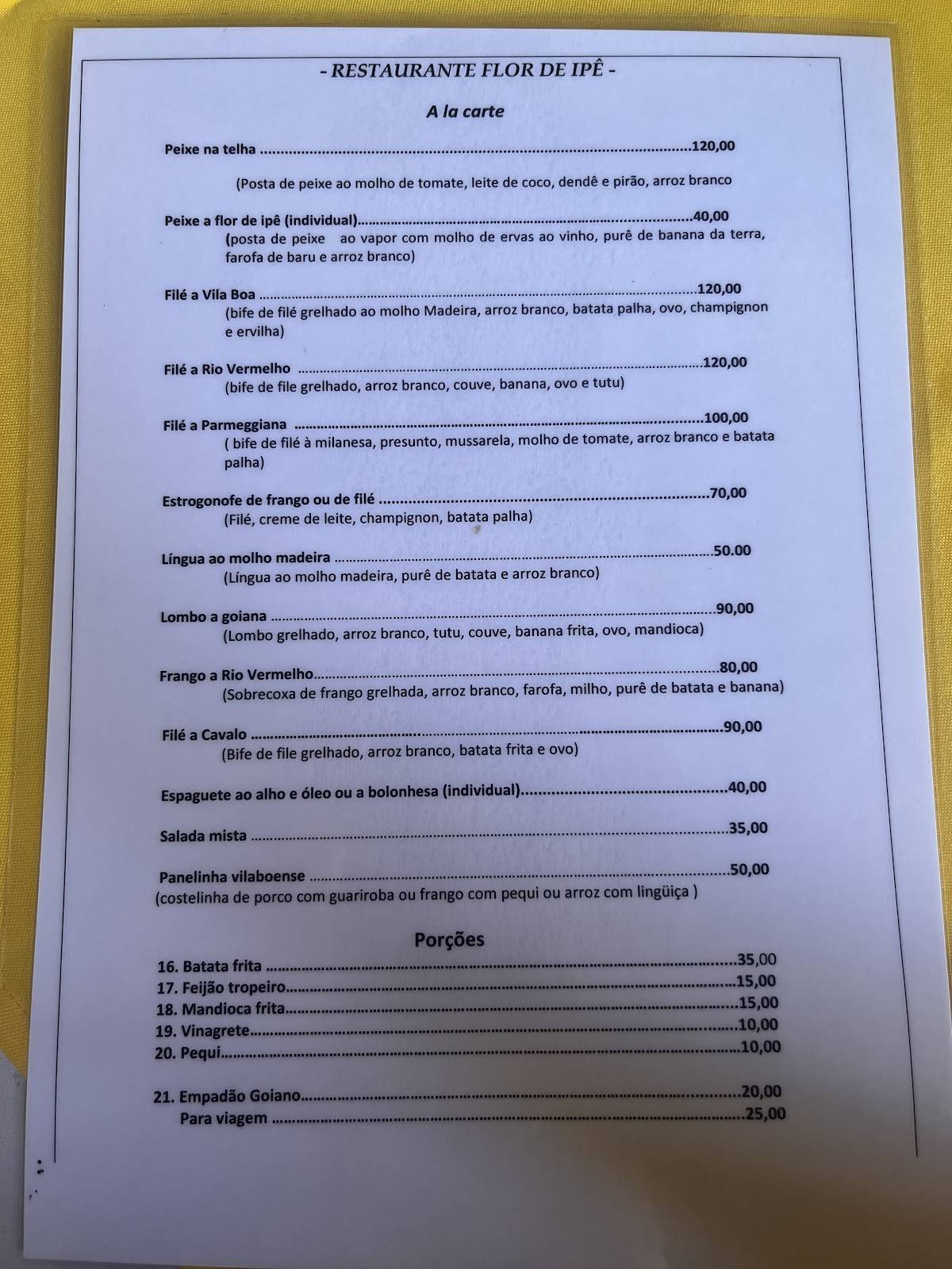 Restaurante Flor de Ipê cardápio