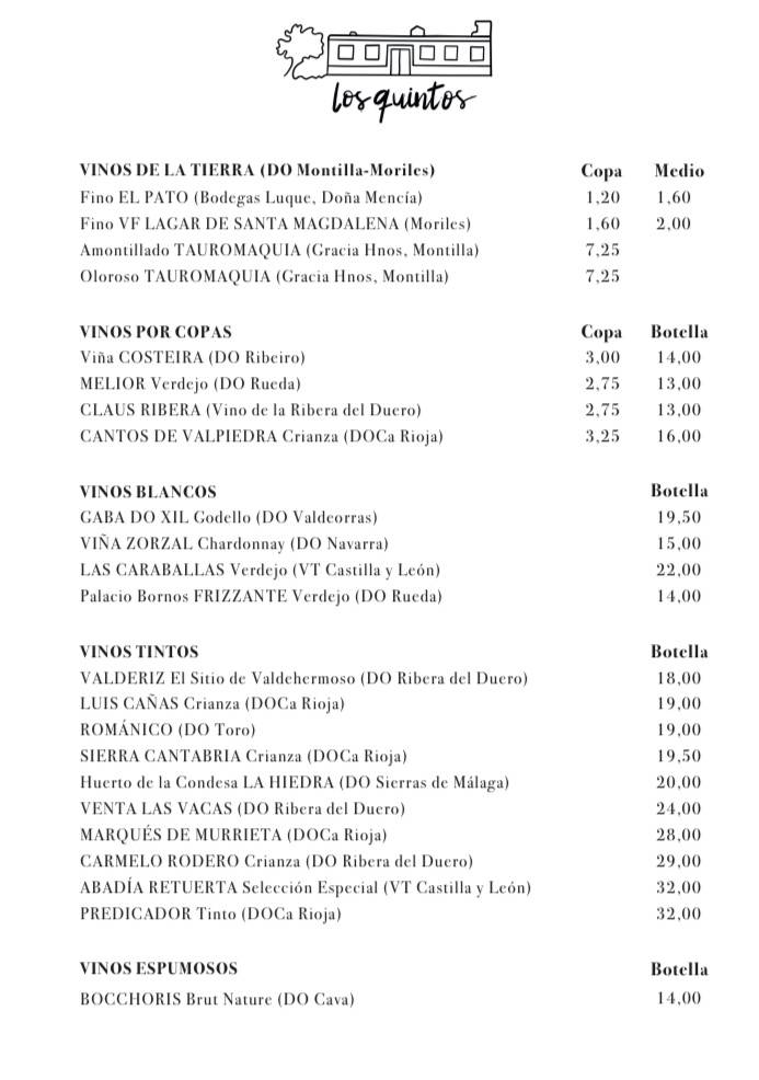 Carta de Restaurante Los Quintos, Córdoba