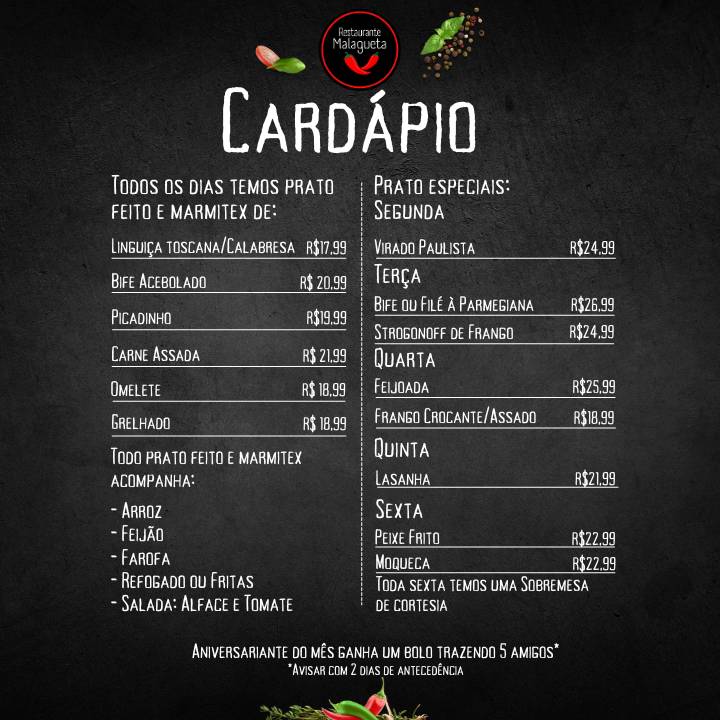 Restaurante Malagueta Centro de Guarulhos SP cardápio