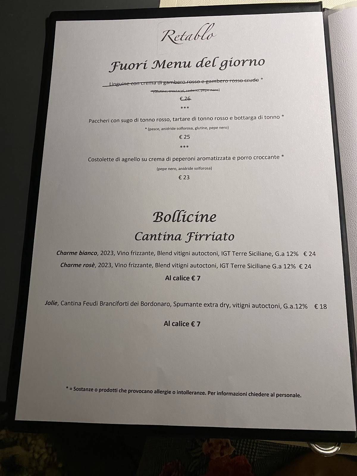 Menu di Retablo - Ristorante tipico Siciliano a Noto 